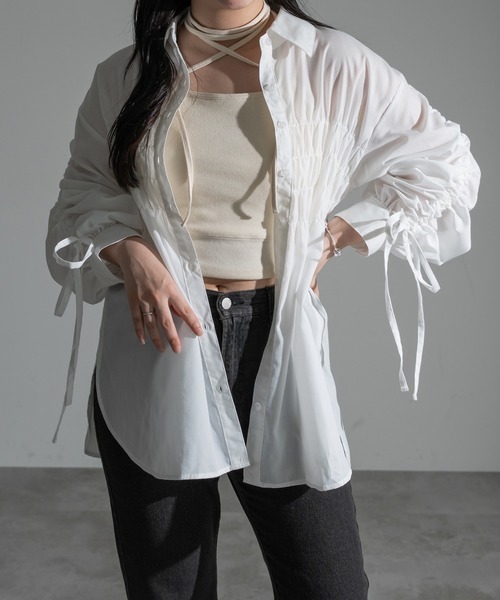 日本🇯🇵連線 Apres jour mignon 袖口抓皺綁帶襯衫 抓皺抽繩 綁帶 蝴蝶結 襯衫 透膚 外搭 多層次 2色(任買兩件711免運)/預購