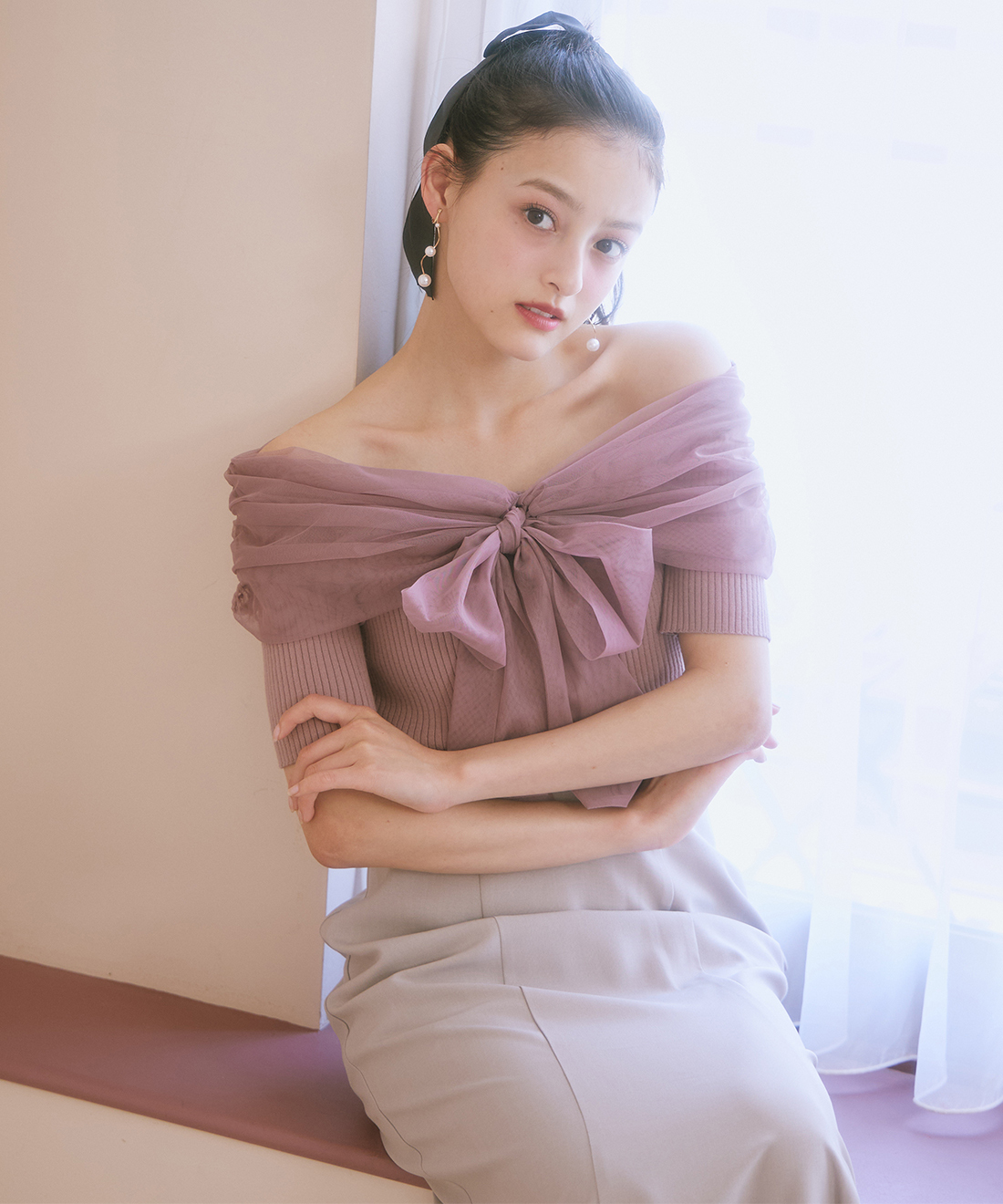 [預購] LILLIAN CARAT 2WAY薄紗緞帶露肩針織衣