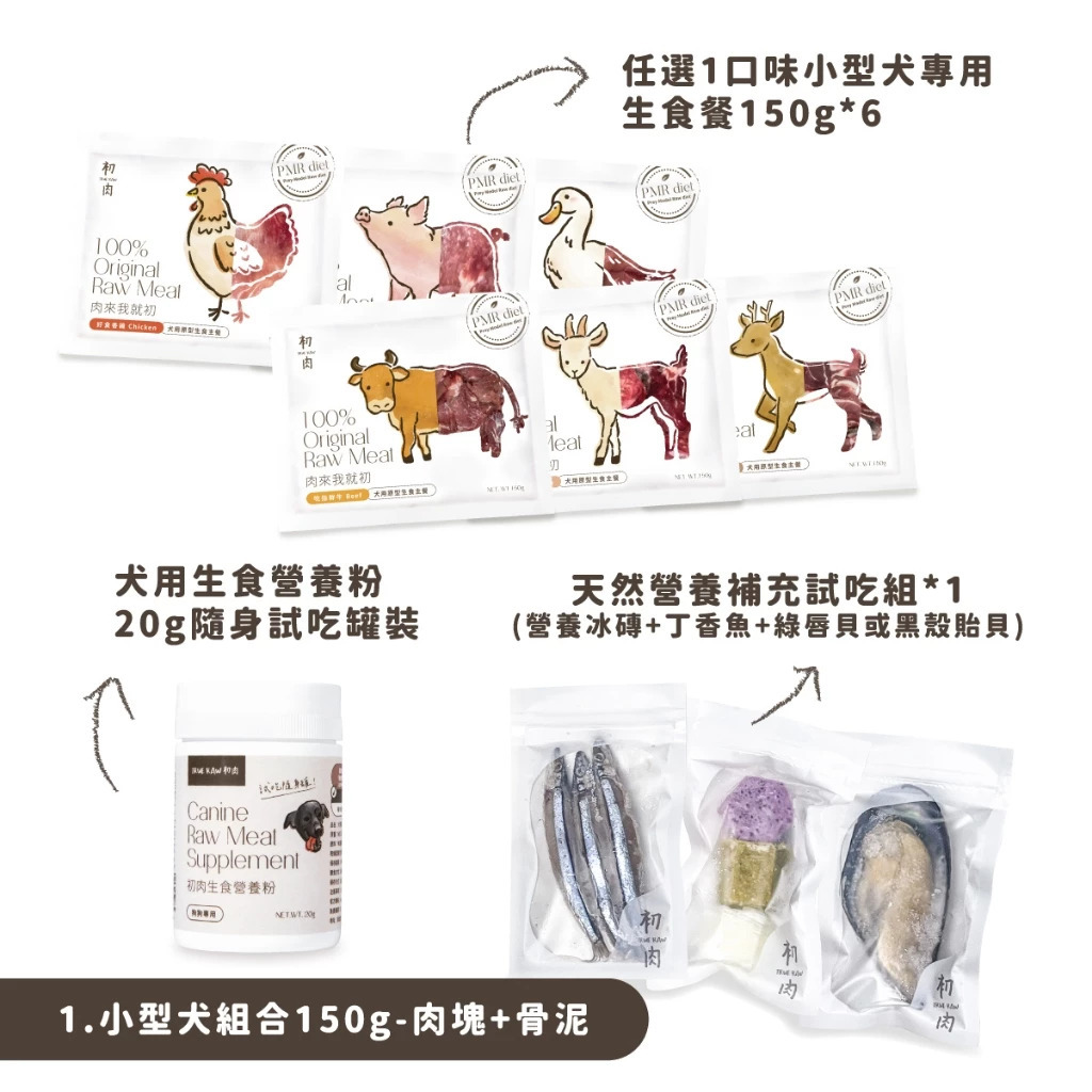 【初肉TrueRaw】小型犬原型生食-全方位營養組-肉塊骨泥版