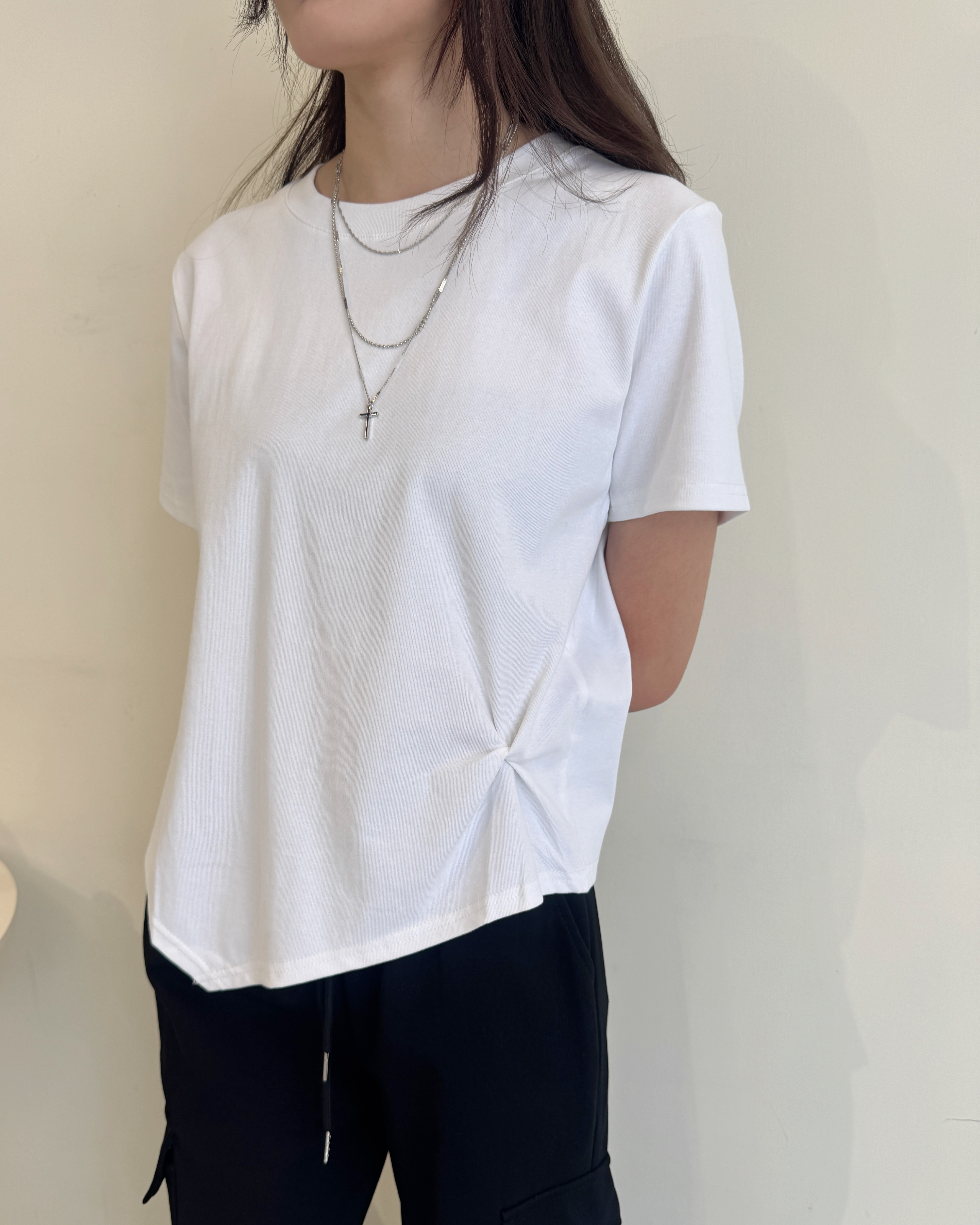 簡約下擺抓皺設計短袖上衣-4015