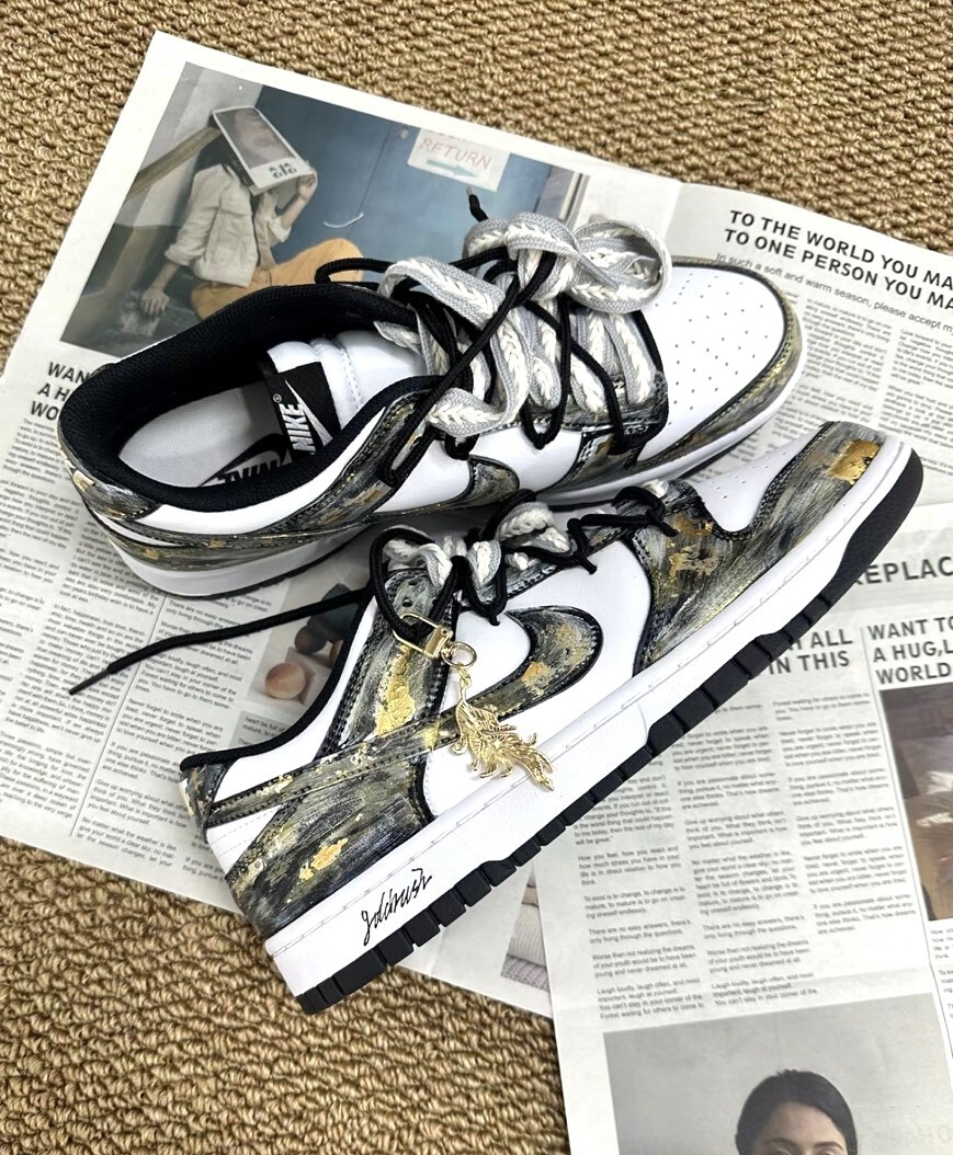 【訂製鞋款】Nike Dunk Low 淘金熱 燙金 復古 黑白金 休閒鞋 HF5441100（Team724-淘金熱）