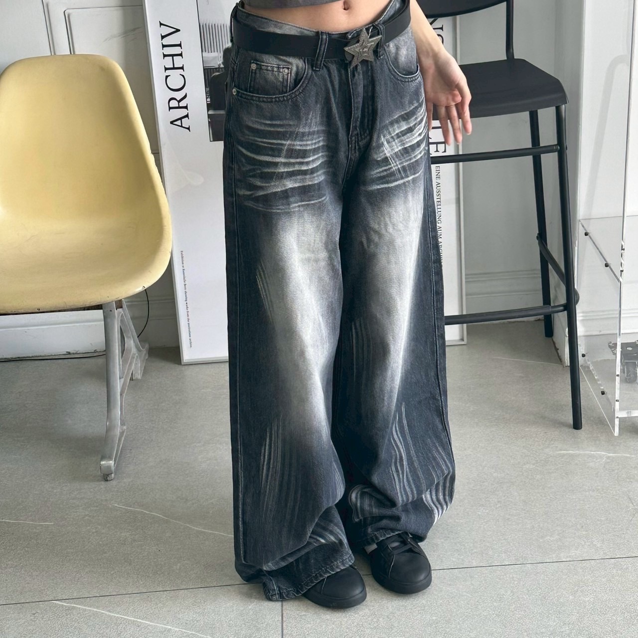 刷刷刷貓鬚牛仔落地寬褲