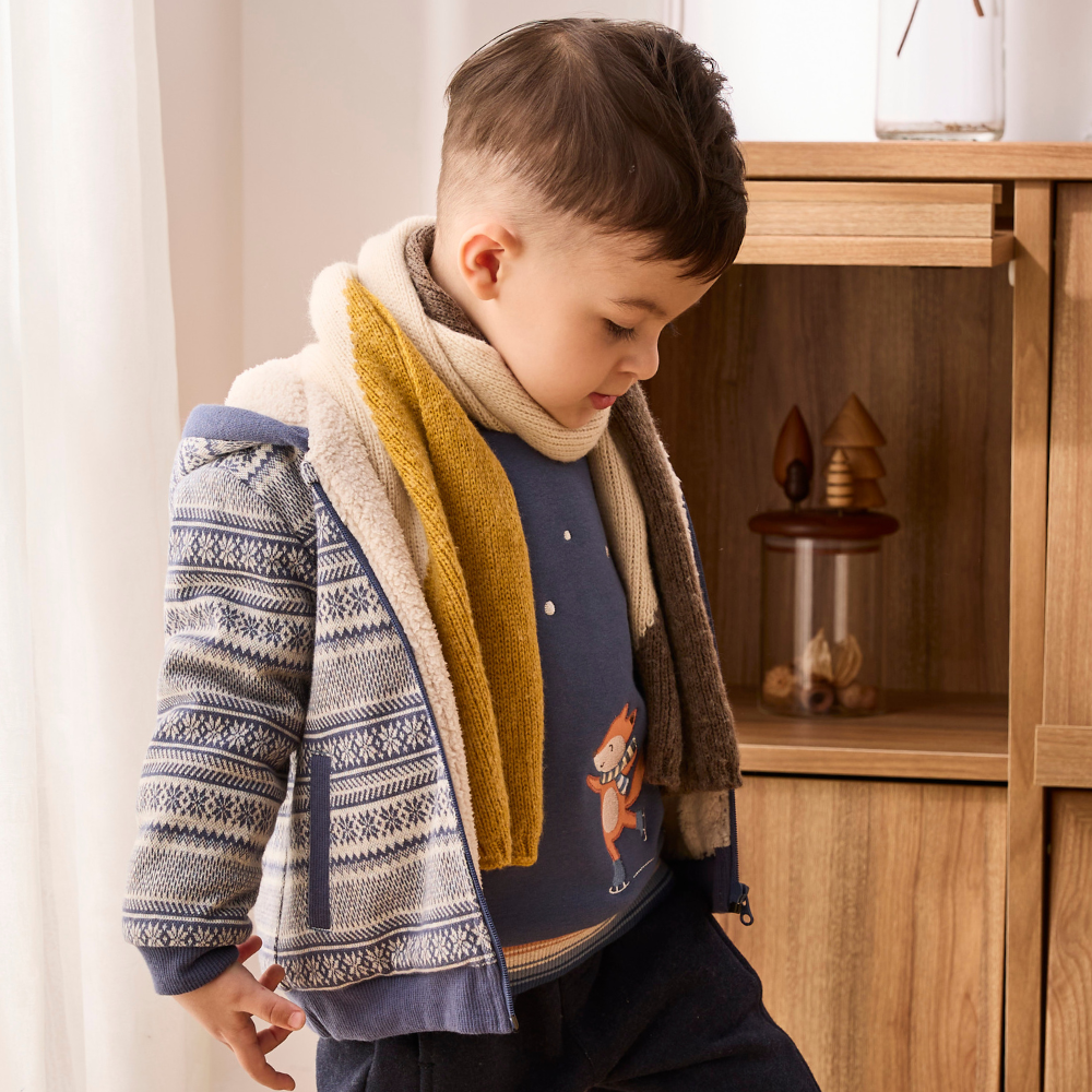 PIPPY 北歐圖騰內刷毛保暖連帽外套 藍