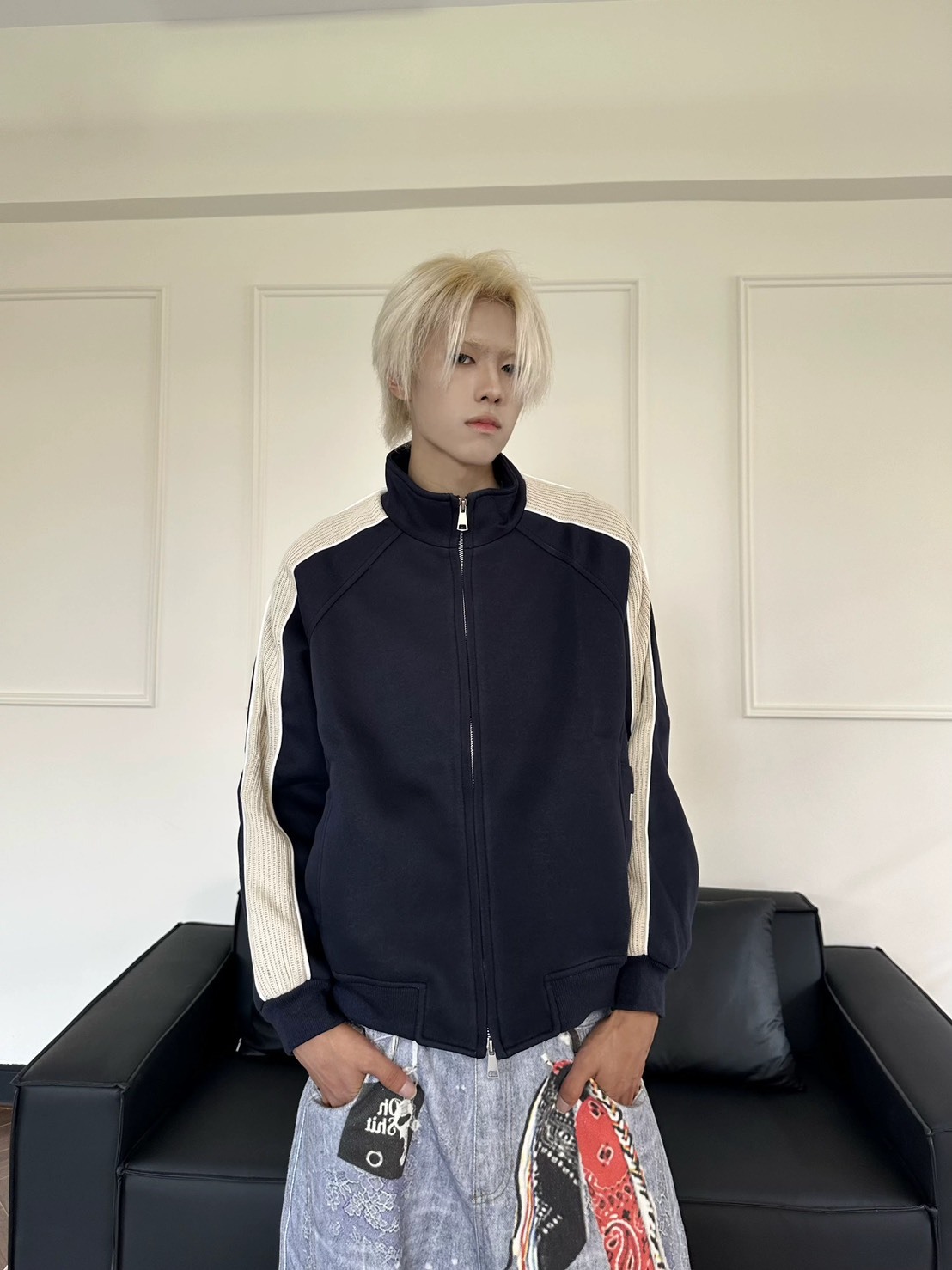 SIMPLEACTION 美式復古側邊條紋拼接長袖外套