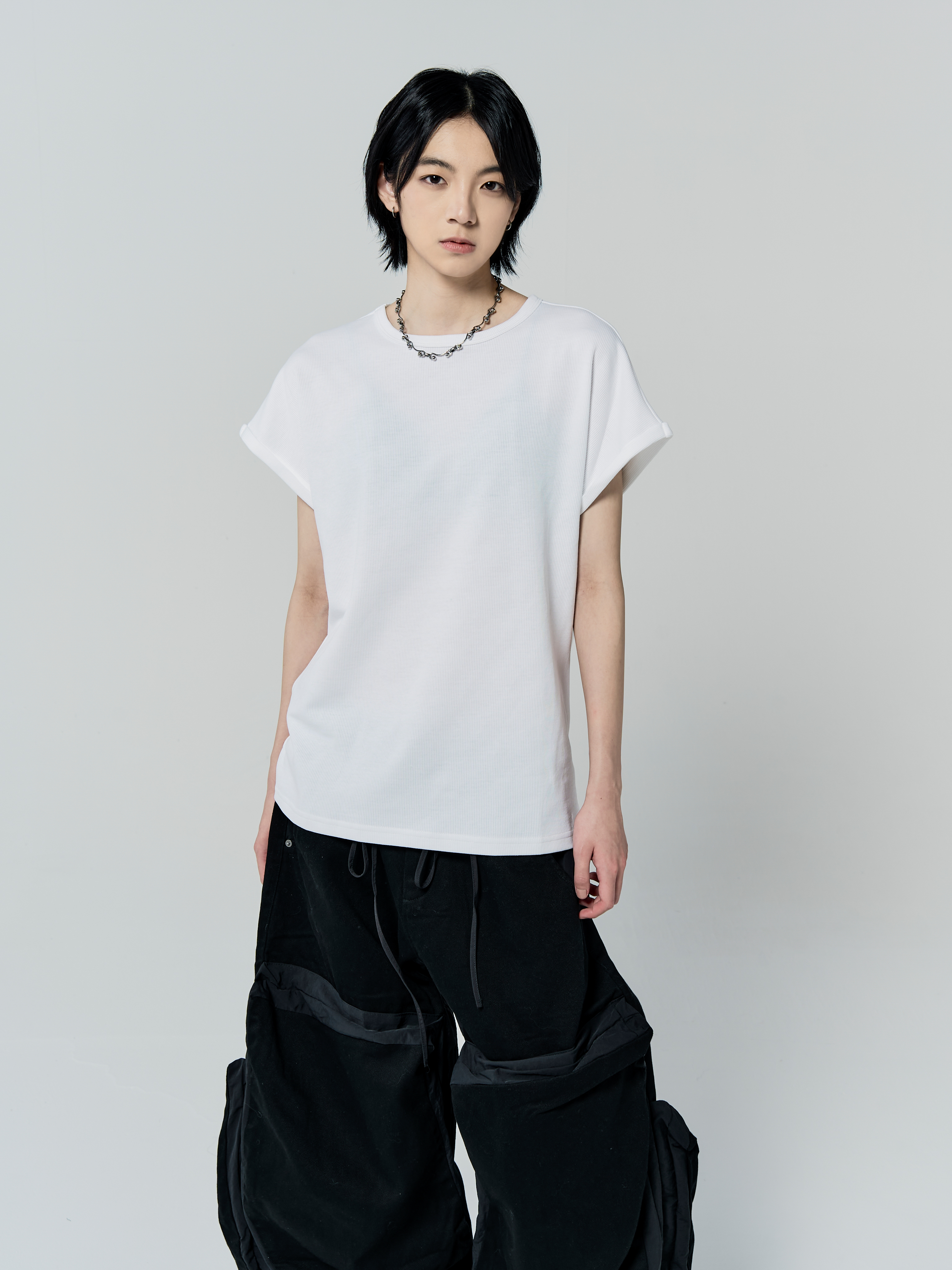 基礎修身反折短袖-白