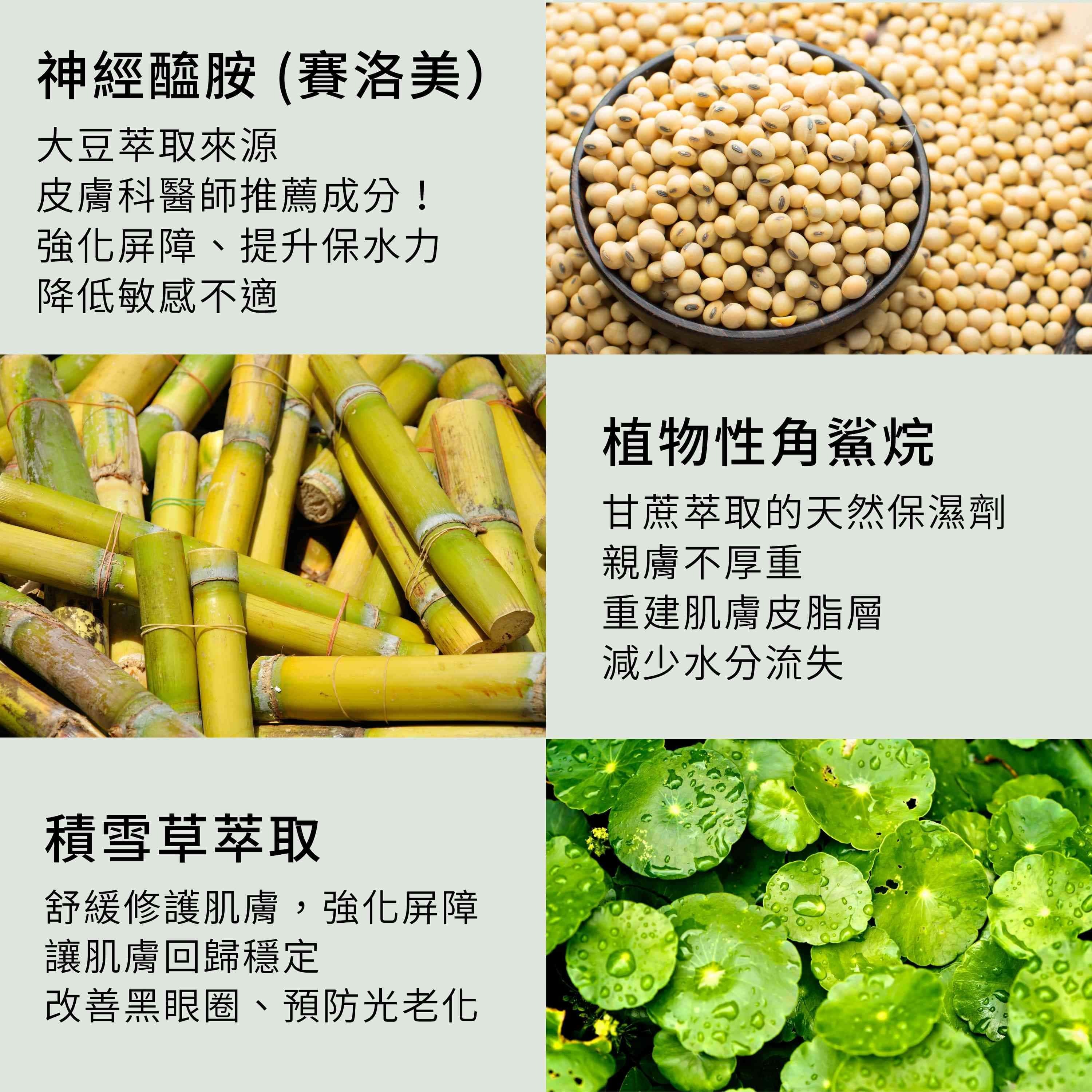 茉莉嫩采精華液有5重潤澤修復精華,包含神經醯胺、植物性角鯊烷與積雪草萃取