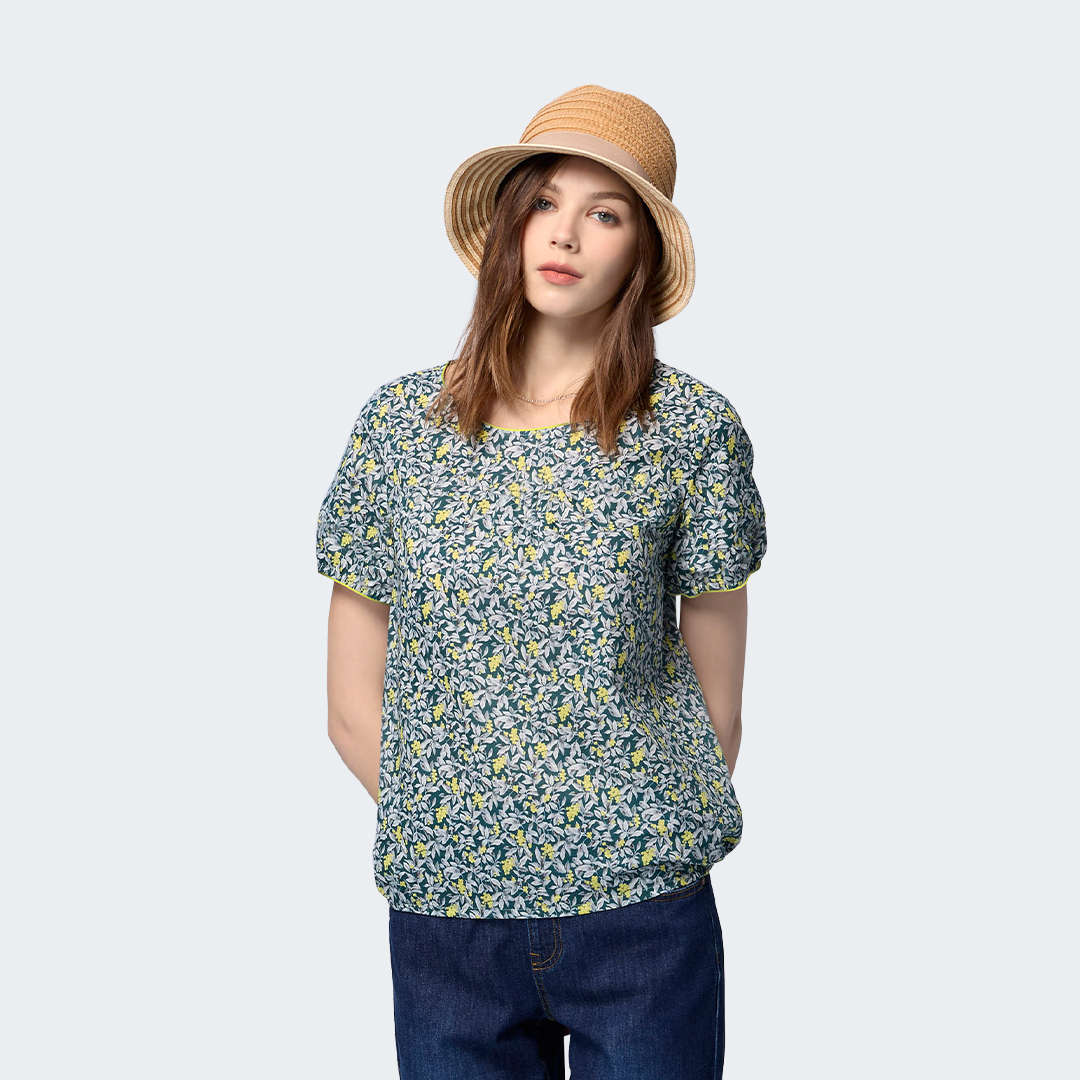 森綠黃花圓領鬆身上衣