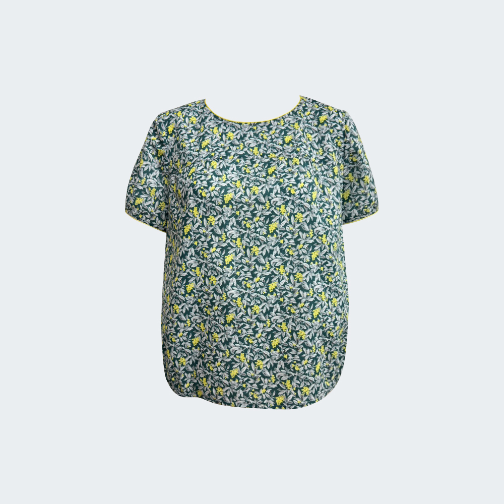 森綠黃花圓領鬆身上衣