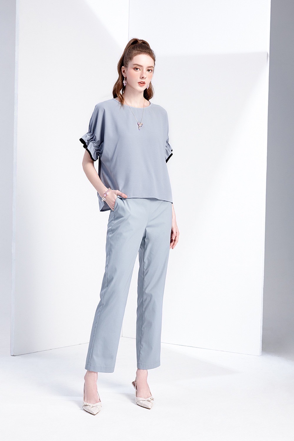 OL夏日時尚涼感紗修身顯瘦小直筒長褲W6583