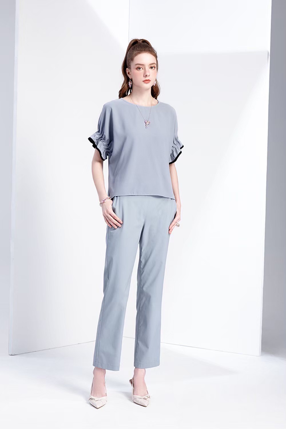 OL夏日時尚涼感紗修身顯瘦小直筒長褲W6583