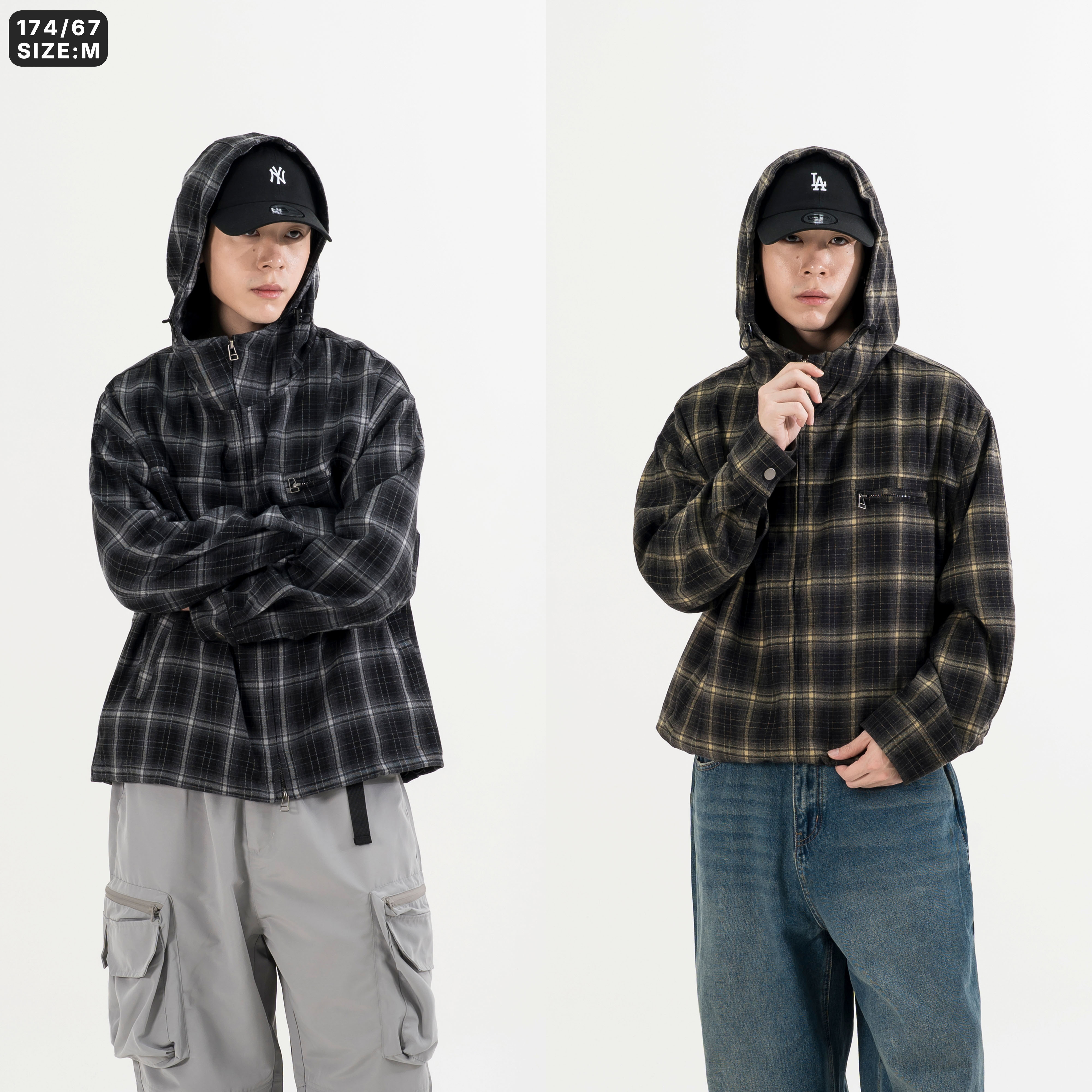 Plaid Zip Work Jacket 寬短 連帽拉鍊 格紋外套 [O-JK112]