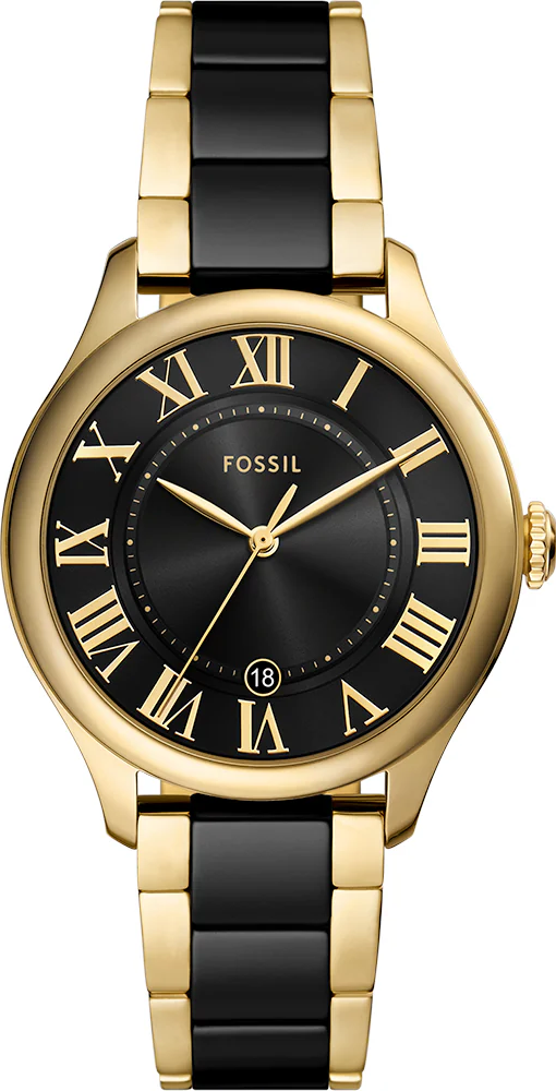 萬年鐘錶 - Fossil   羅馬字時標經典黑金陶瓷錶帶女錶 CE1132 錶徑38MM