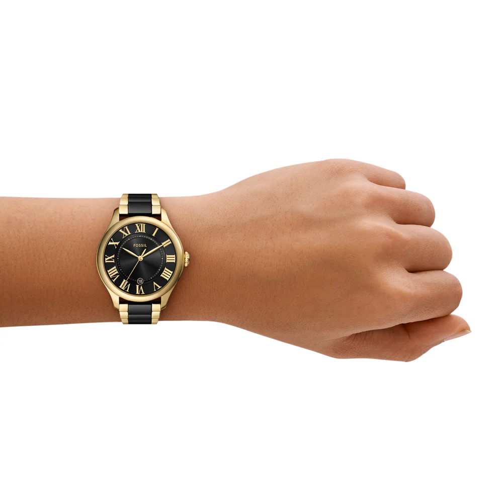 萬年鐘錶 - Fossil   羅馬字時標經典黑金陶瓷錶帶女錶 CE1132 錶徑38MM