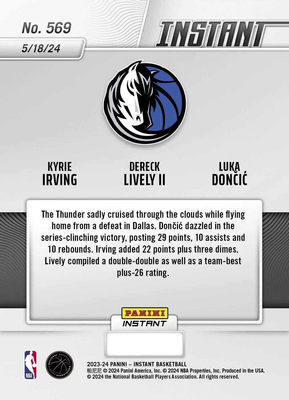 NBA球員卡 Doncic / Irving / Lively 達拉斯小牛 西冠 三巨頭 城市 2023-24 Panini Instant NBA Card 569