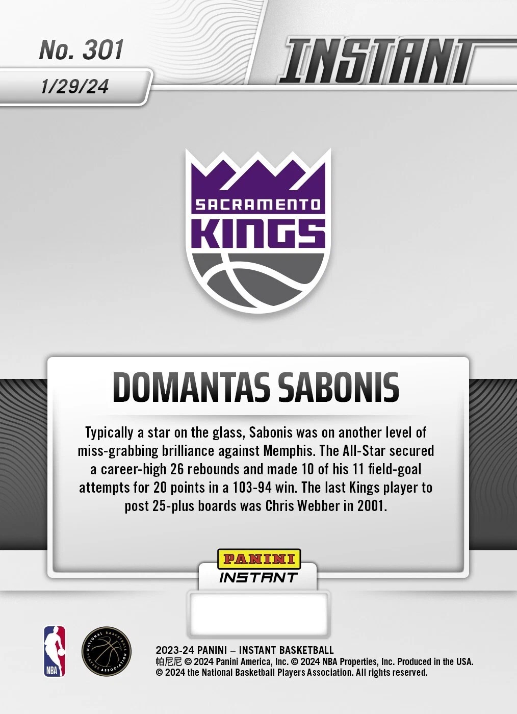 NBA球員卡 Domantas Sabonis 沙加緬度國王黑 2023-24 Panini Instant NBA Card 301