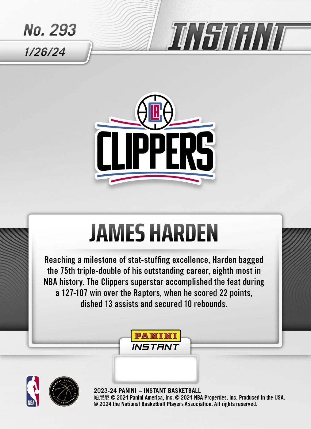 NBA球員卡 James Harden 洛杉磯快艇黑 2023-24 Panini Instant NBA Card 293
