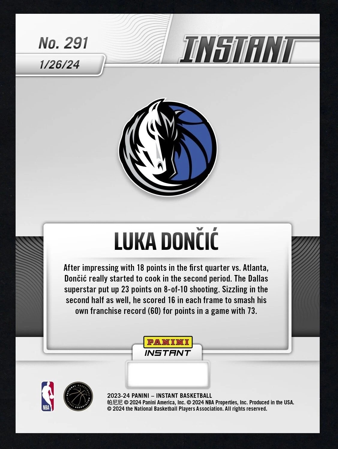 NBA球員卡 Luka Doncic 達拉斯小牛 生涯新高73分 2023-24 Panini Instant NBA Card 291