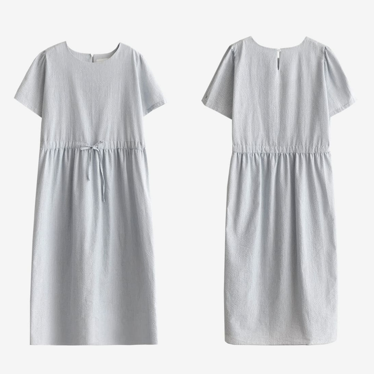 韓國Cherrykoko授權 清新知性腰間鬆緊綁帶淡條紋洋裝