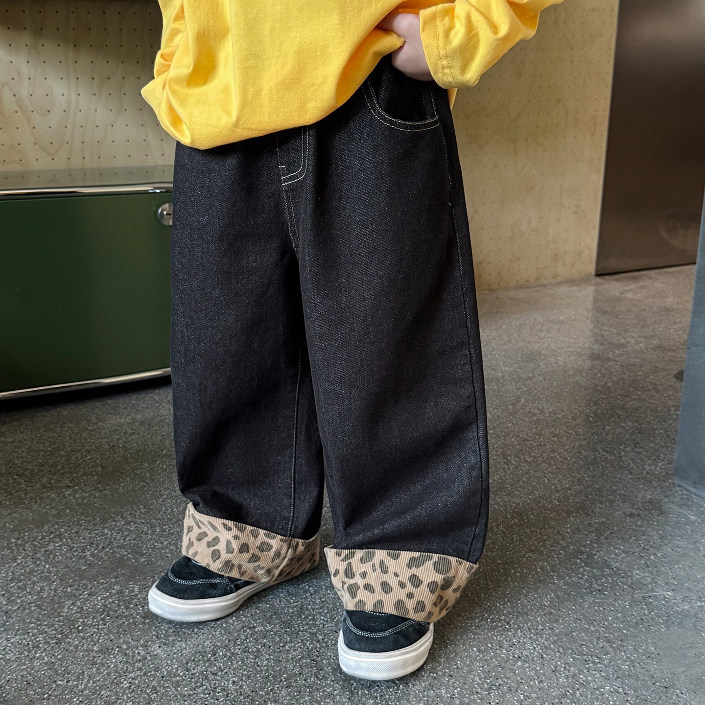 復古豹紋拼接牛仔褲