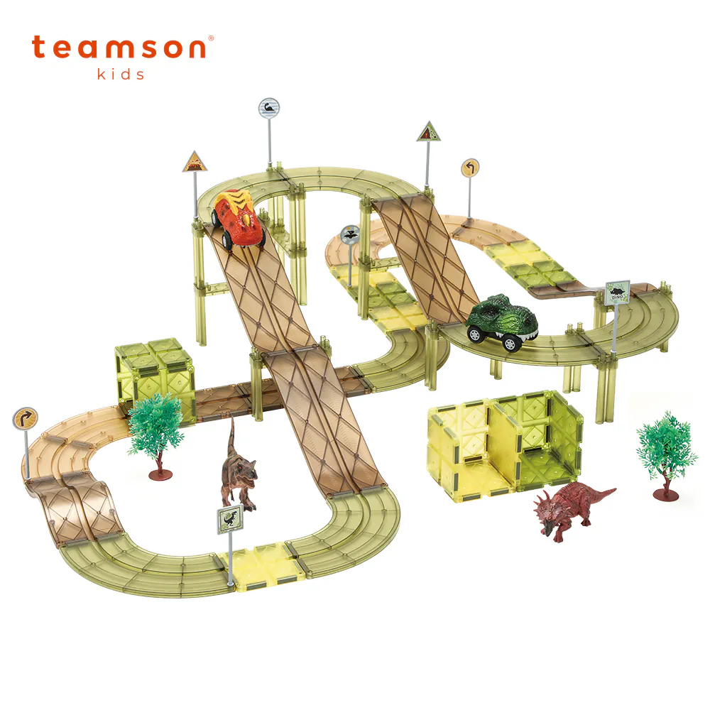 【美國 Teamson】恐龍軌道車磁力片豪華組(含恐龍電動車 80psc)