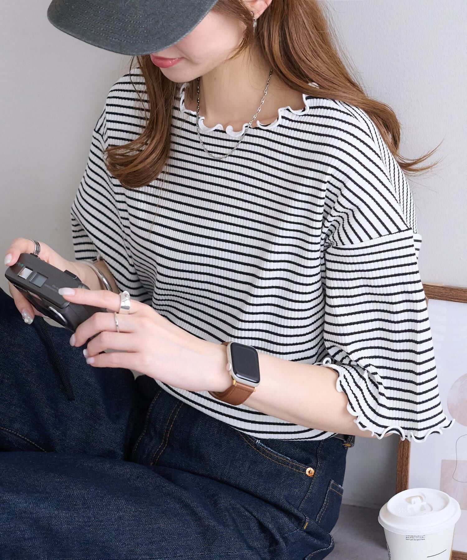 DISCOAT(ディスコート)  【二の腕カバーにも◎／22色展開】リブメローフレア5分袖≪WEB限定≫黑白條紋（DCZ1041406A0017）