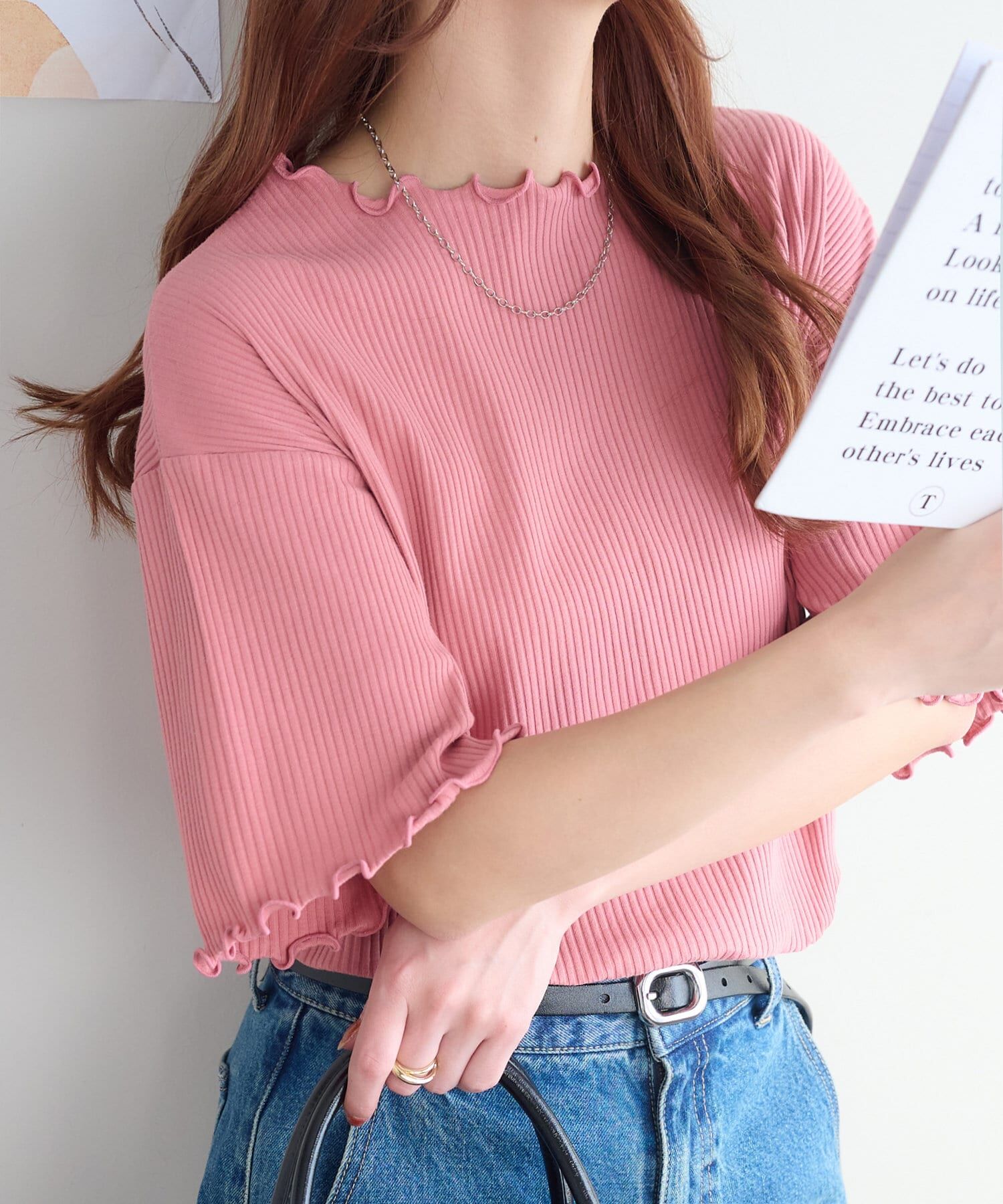 DISCOAT(ディスコート)  【二の腕カバーにも◎／22色展開】リブメローフレア5分袖≪WEB限定≫鮭魚粉（DCZ1041406A0017）