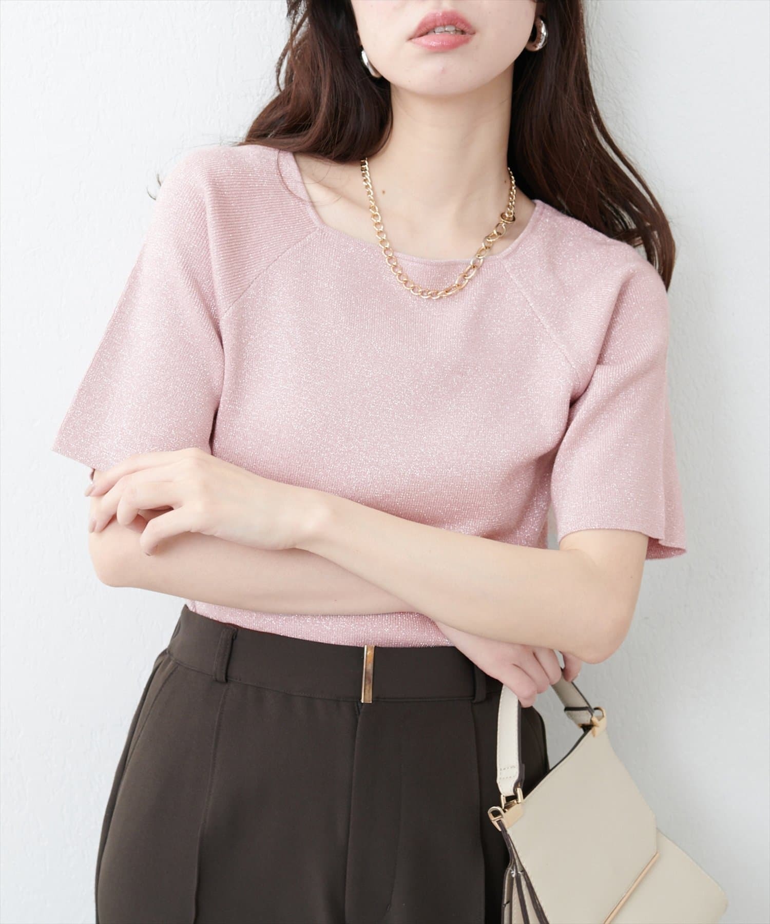 natural couture(ナチュラルクチュール)  【WEB限定】スクエアネックリブ半袖ニット粉（0351050940）