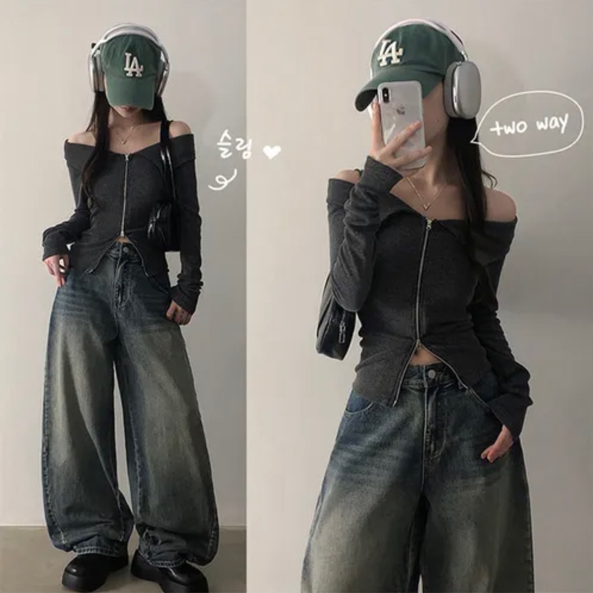 【優惠價預訂】韓國雙拉鍊反領露肩長袖上衣（2色）