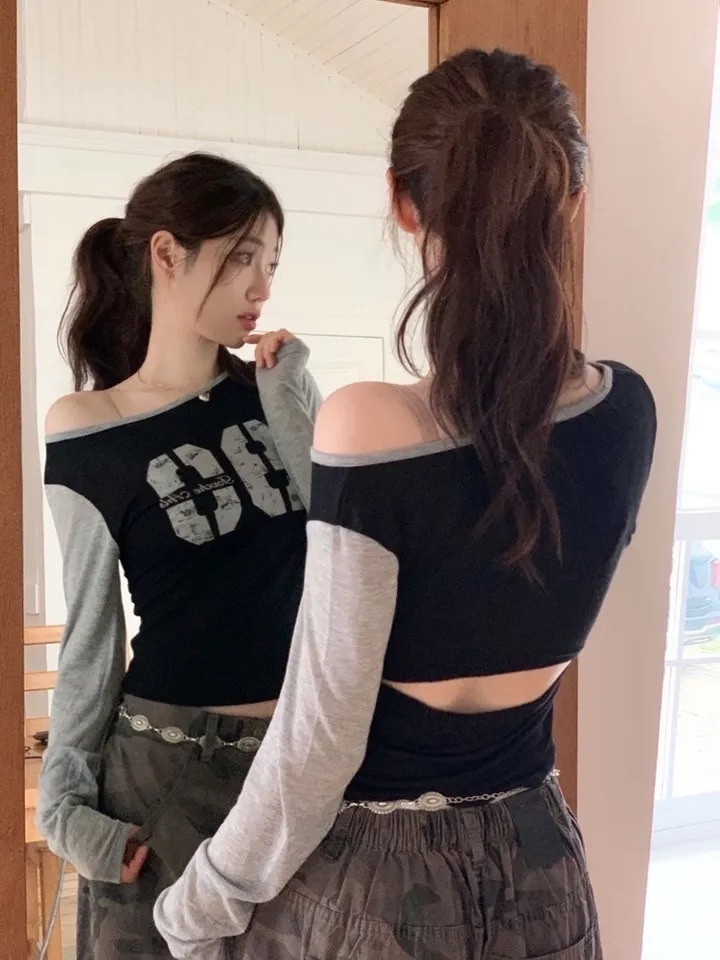 【優惠價預訂】韓國90數字拼色露背長袖TEE（3色）