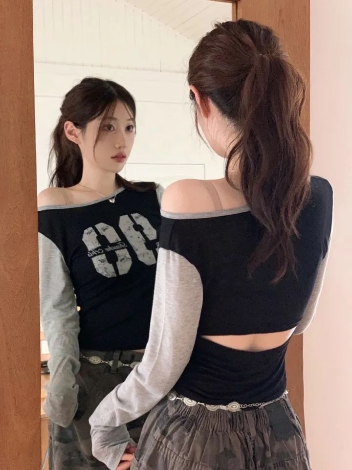 【優惠價預訂】韓國90數字拼色露背長袖TEE（3色）