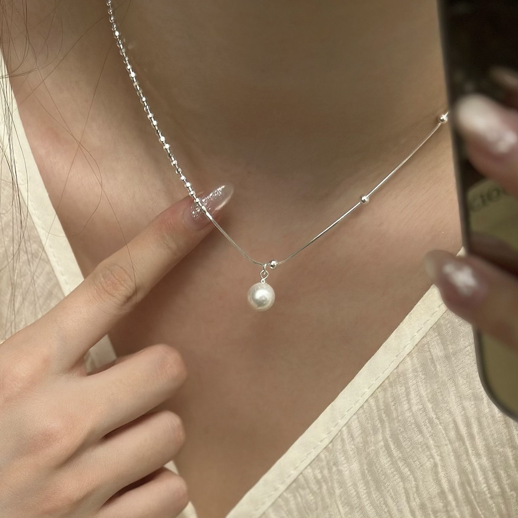 H122珍珠圓珠雙鏈純銀鎖骨鏈