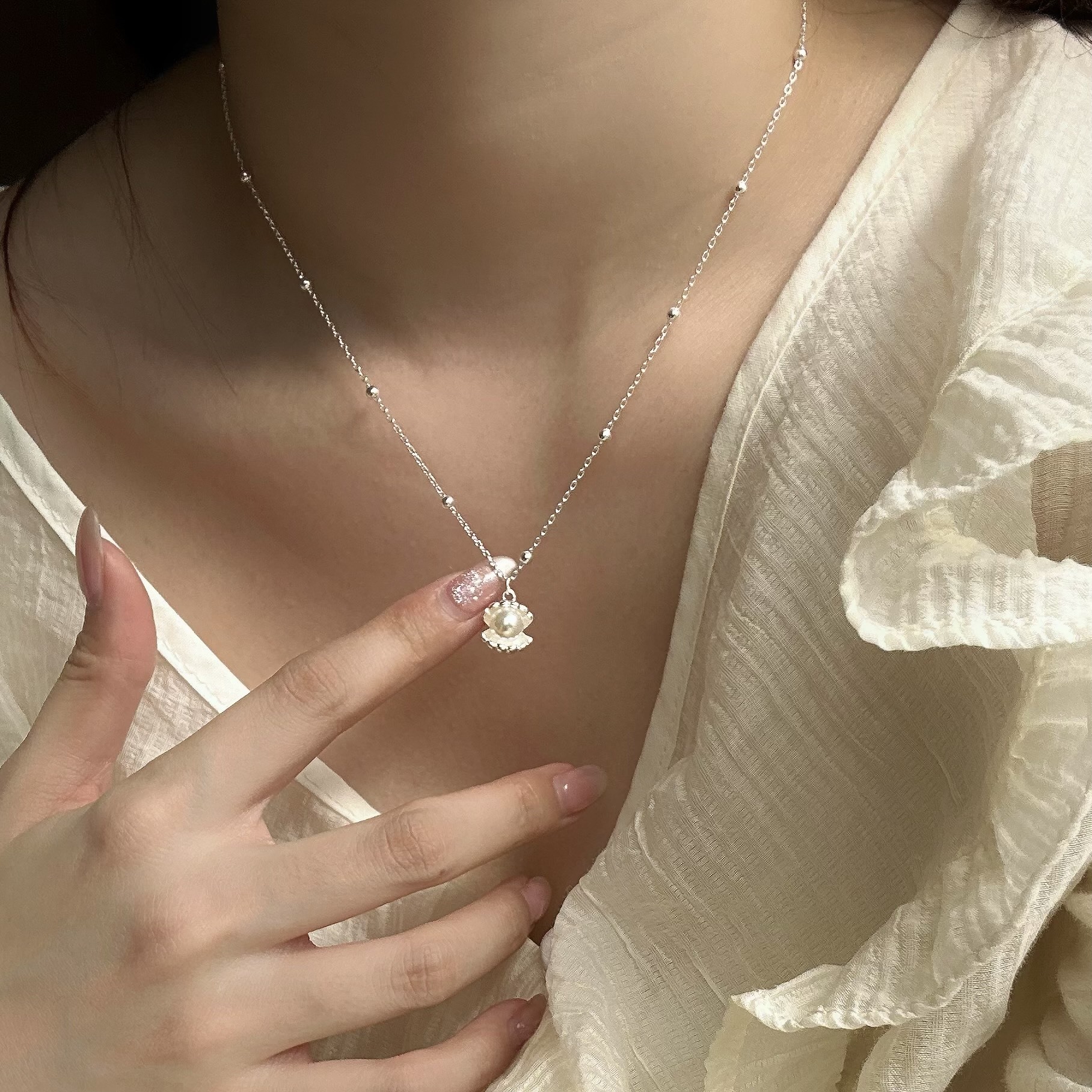 H123法式貝殼天然珍珠純銀鎖骨鏈