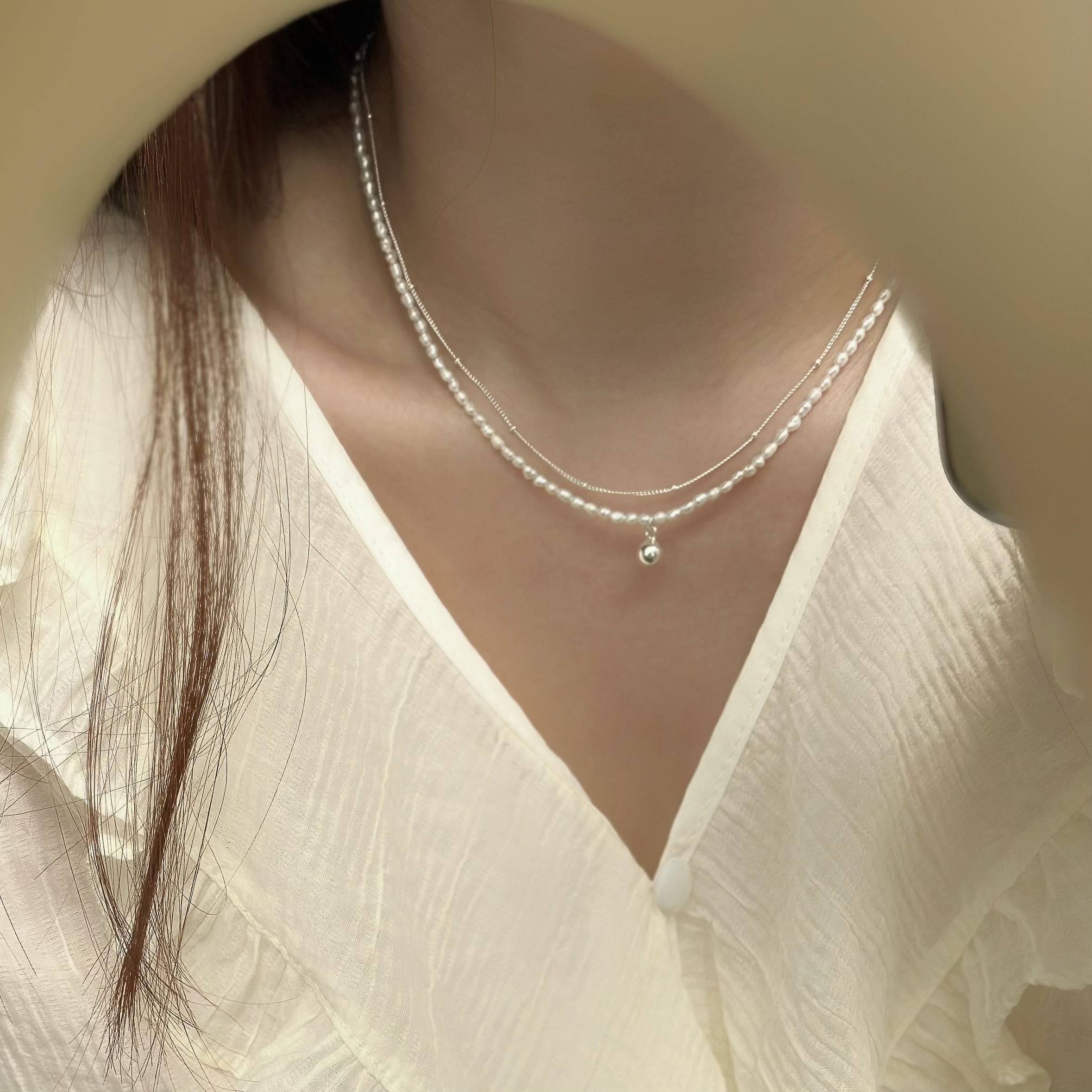 H124圓珠米粒珍珠雙層純銀鎖骨鏈