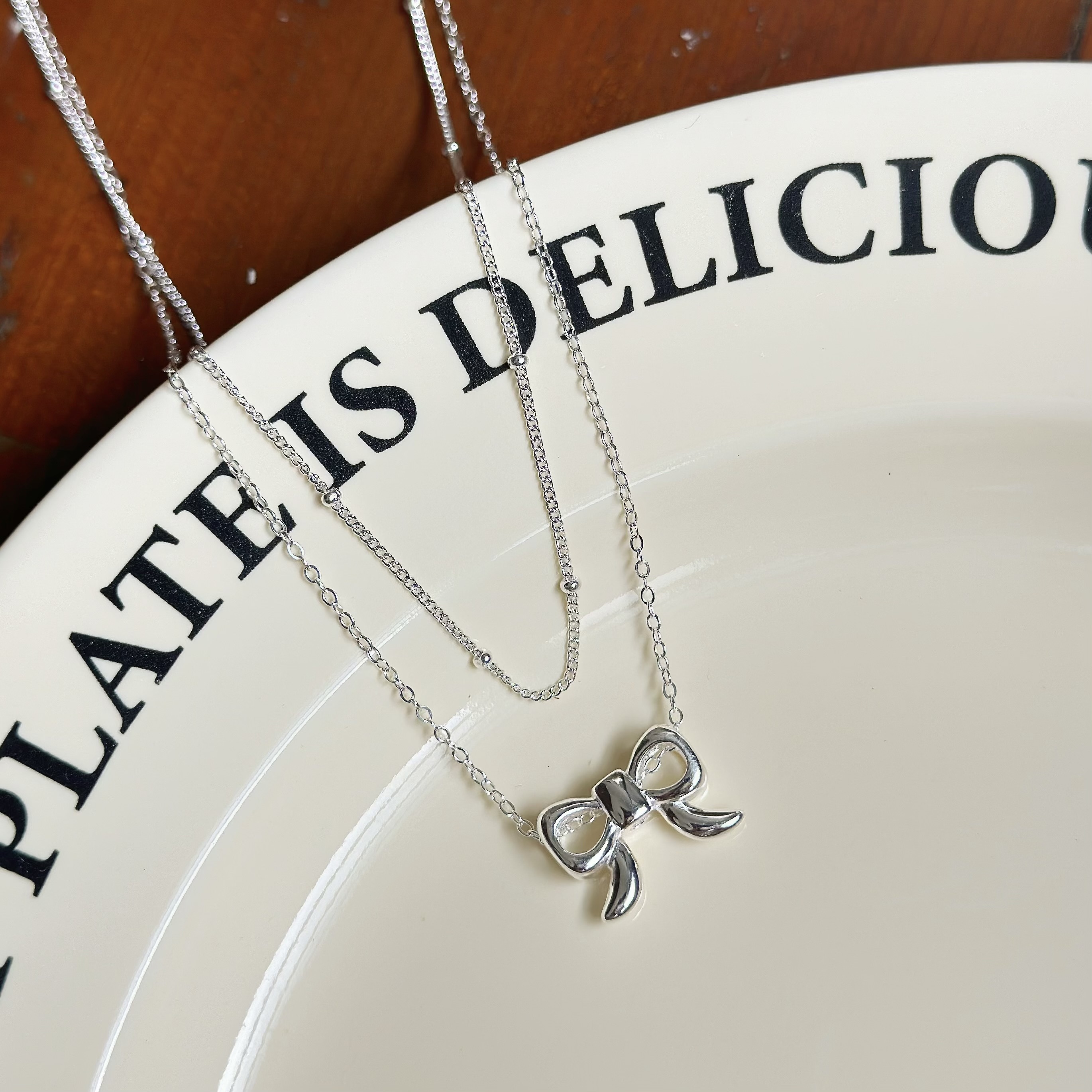 H126立體蝴蝶結圓珠雙層純銀鎖骨鏈