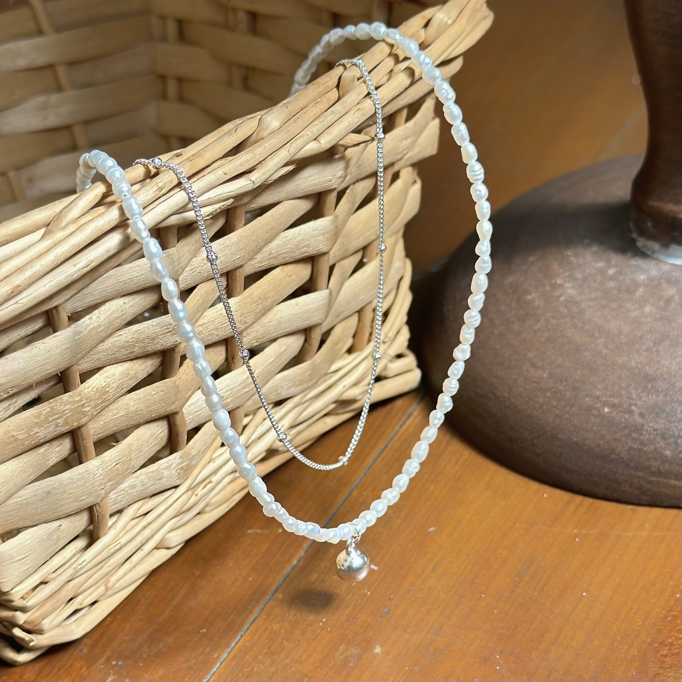 H124圓珠米粒珍珠雙層純銀鎖骨鏈