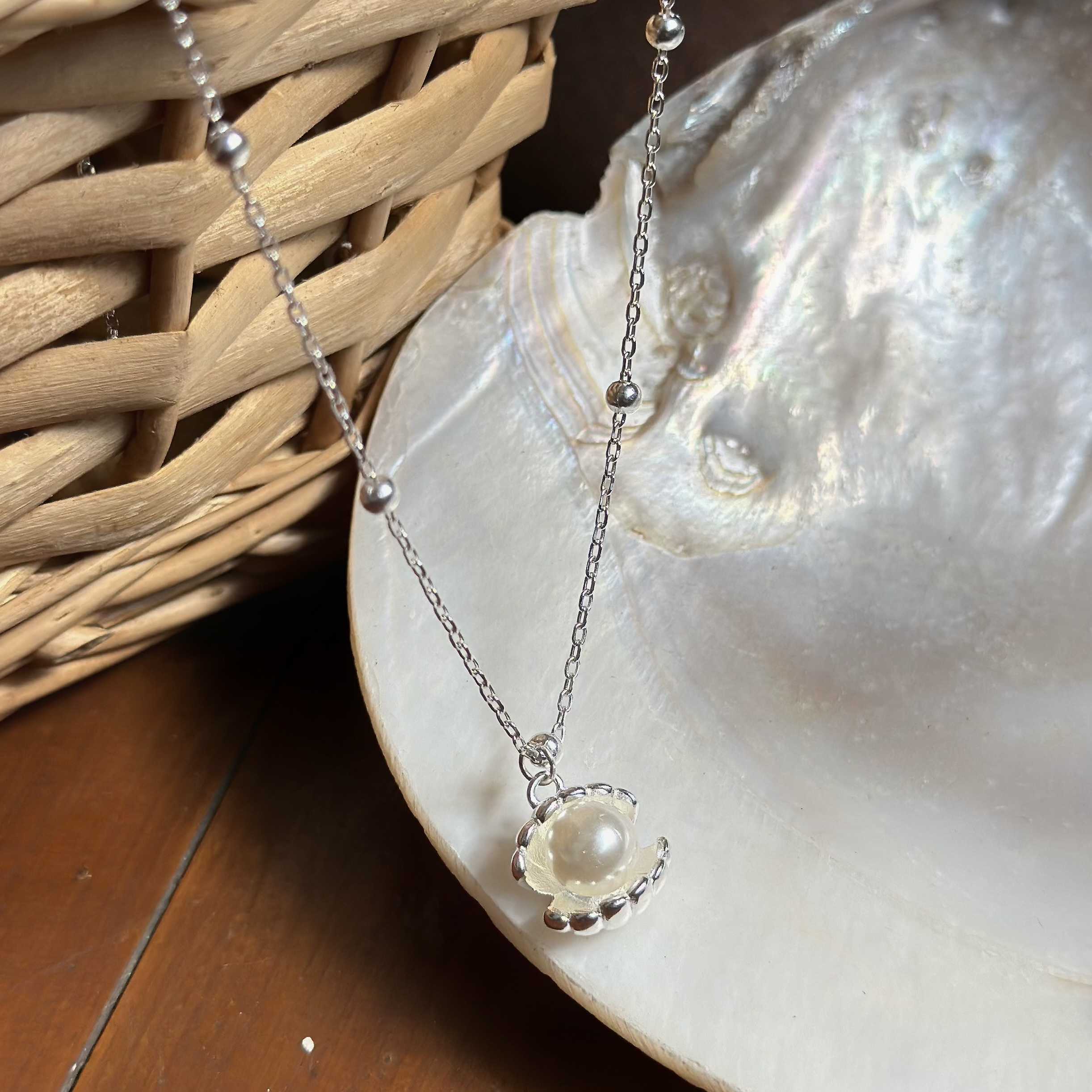 H123法式貝殼天然珍珠純銀鎖骨鏈