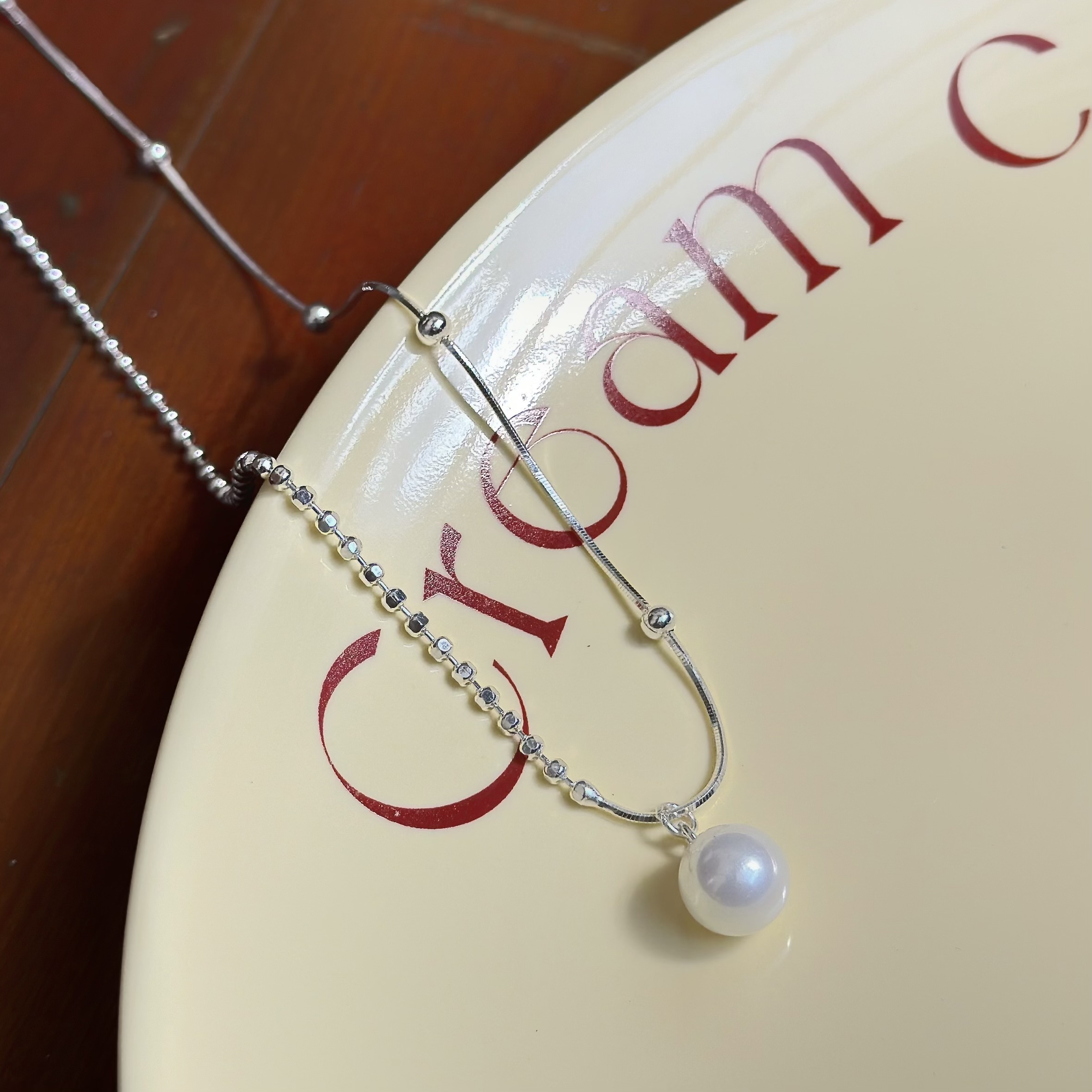 H122珍珠圓珠雙鏈純銀鎖骨鏈