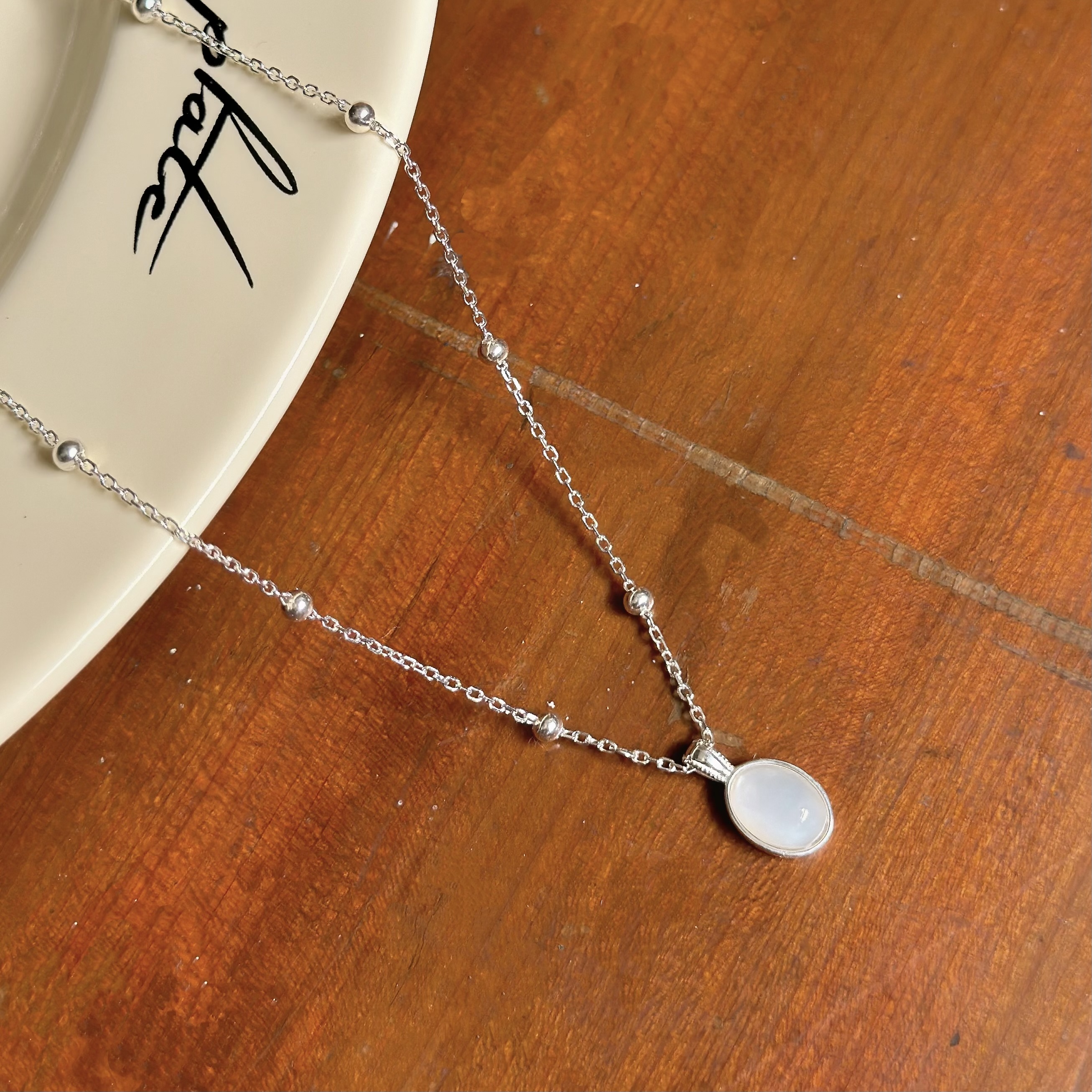 H121蛋白石圓珠純銀鎖骨鏈