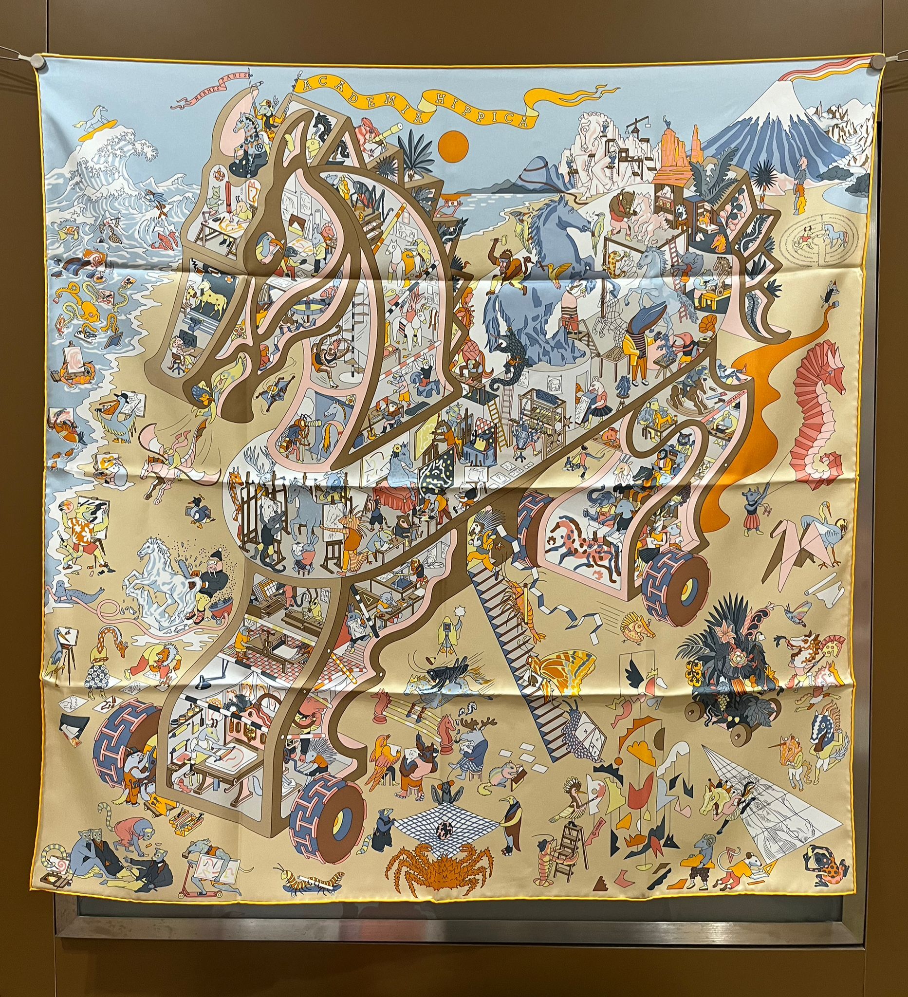 Academia Hippica scarf 90cm Bleu Glacier / Sable / Bouton D'or