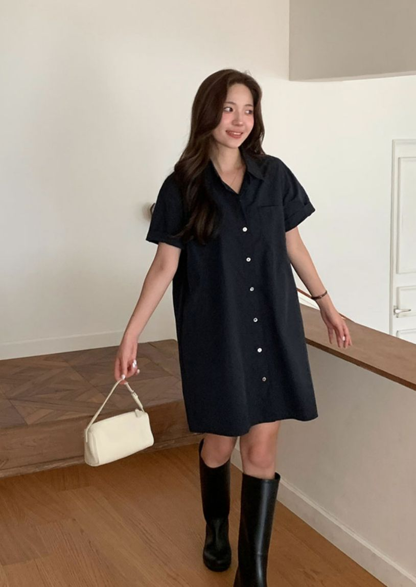 短袖恤衫連身裙(深藍色)