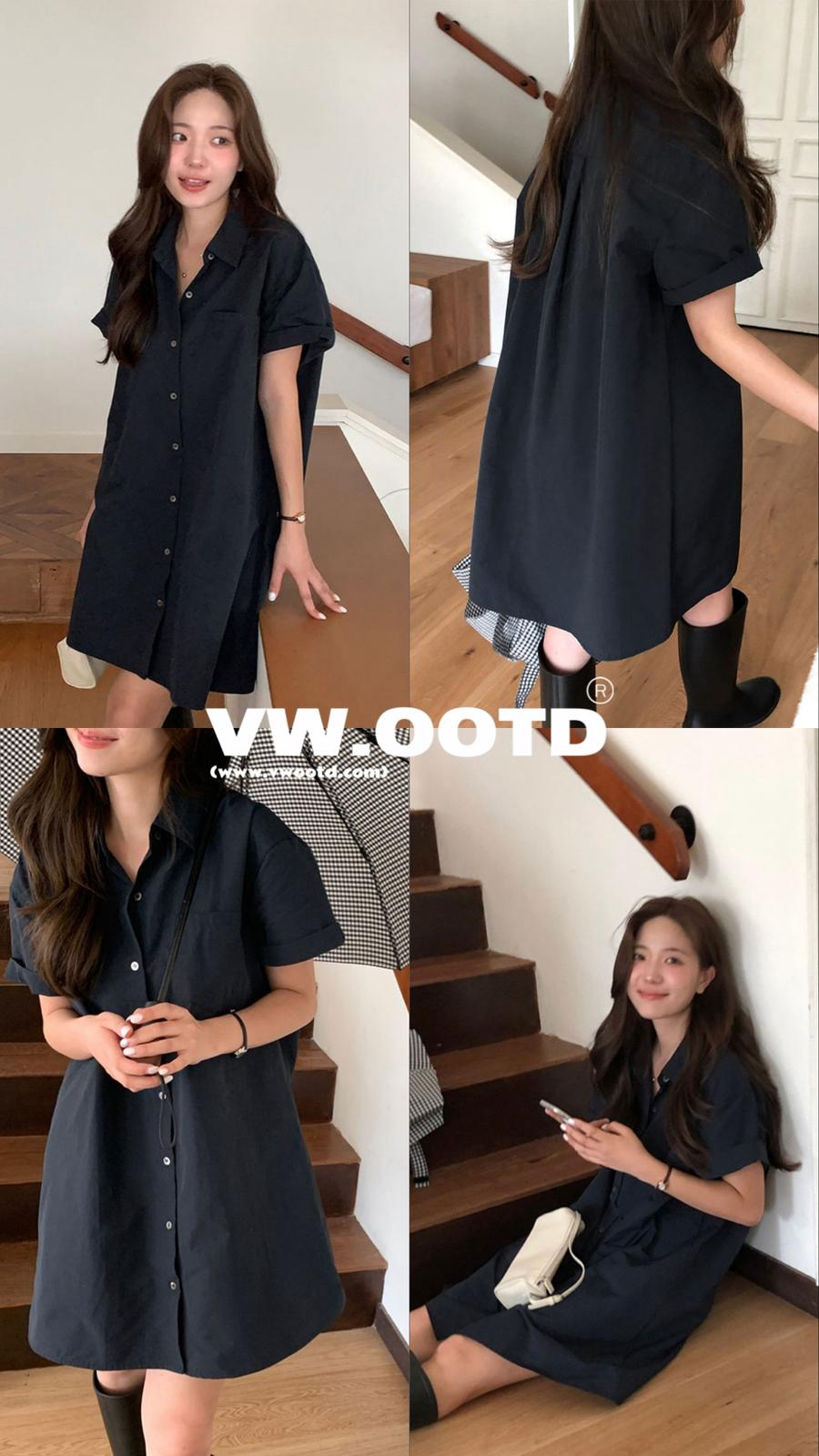 短袖恤衫連身裙(深藍色)