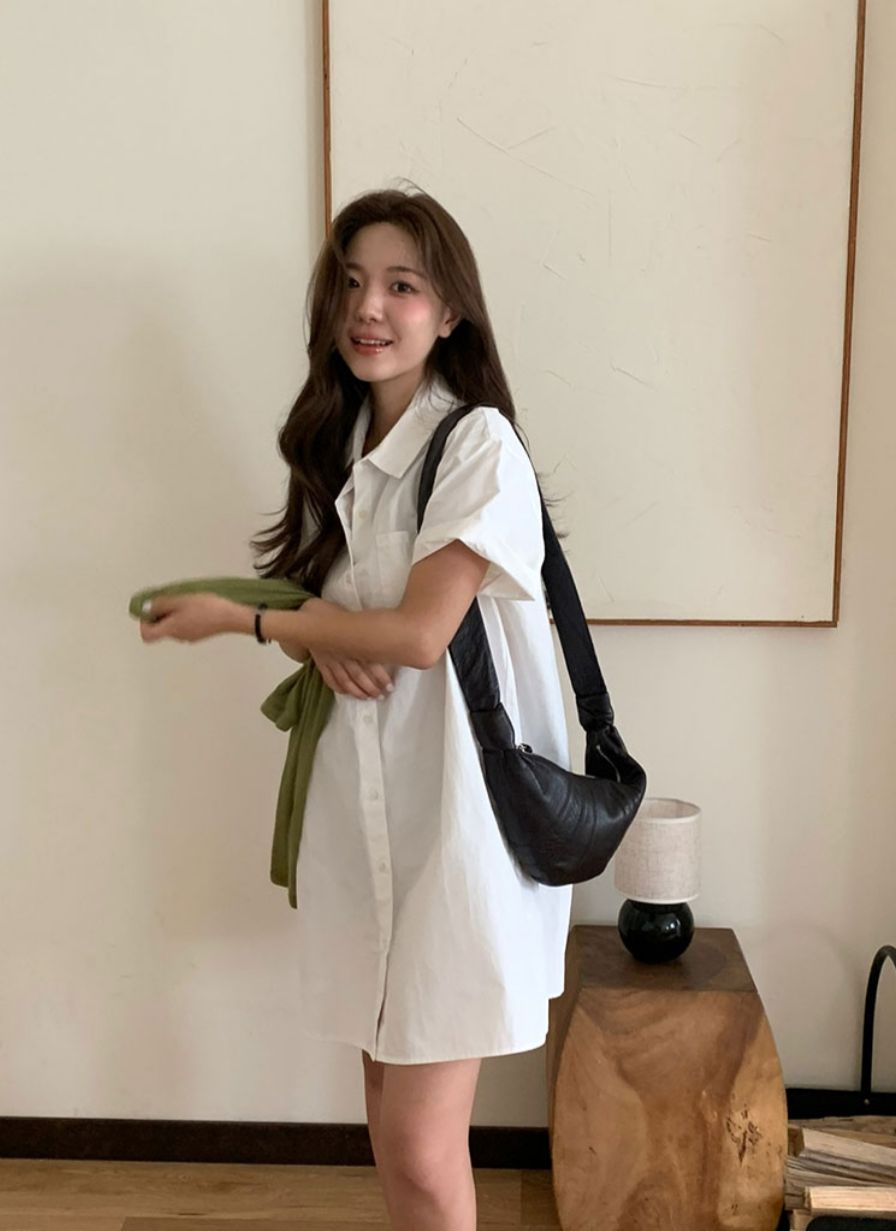 短袖恤衫連身裙(米白色)