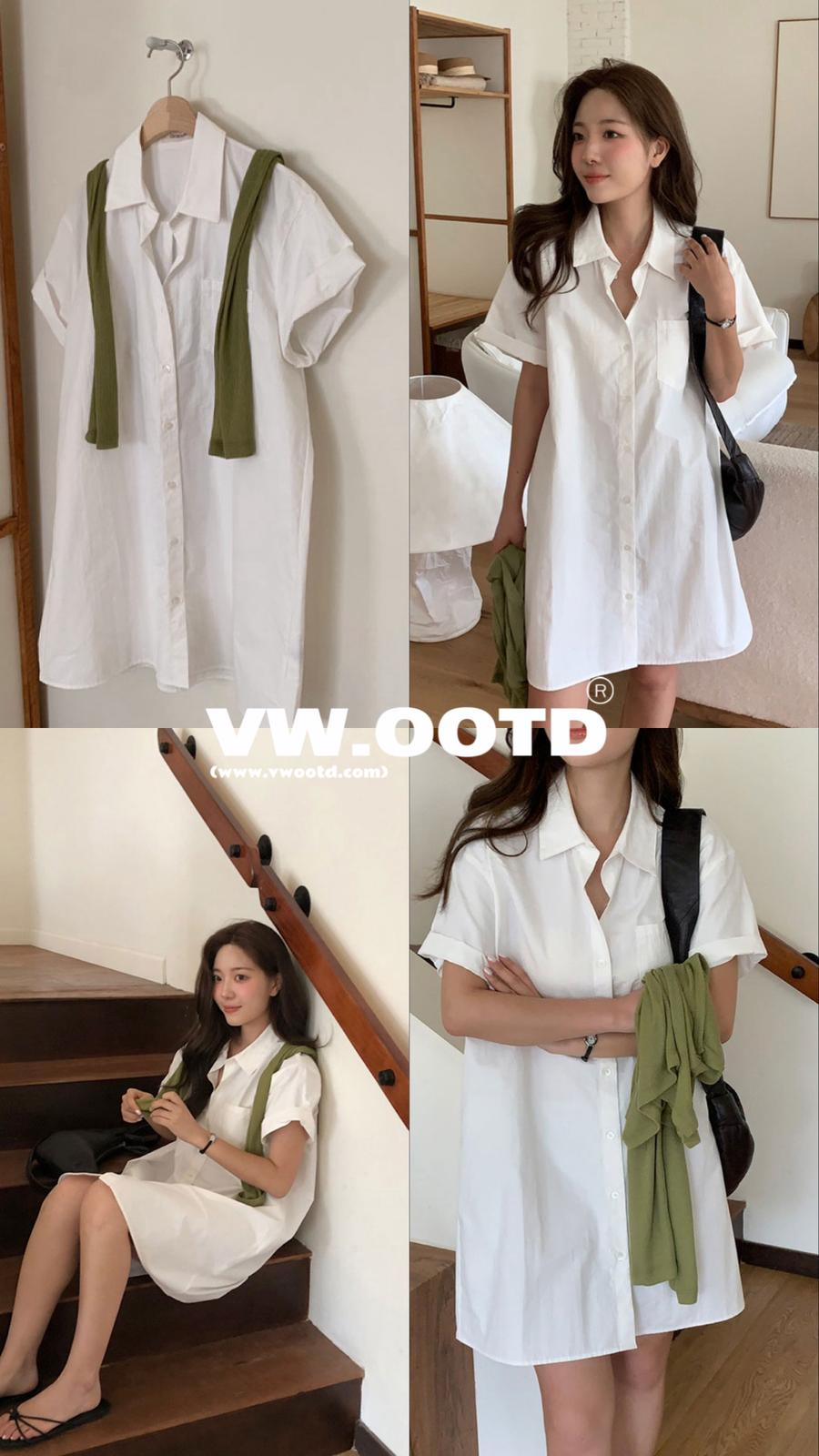 短袖恤衫連身裙(米白色)