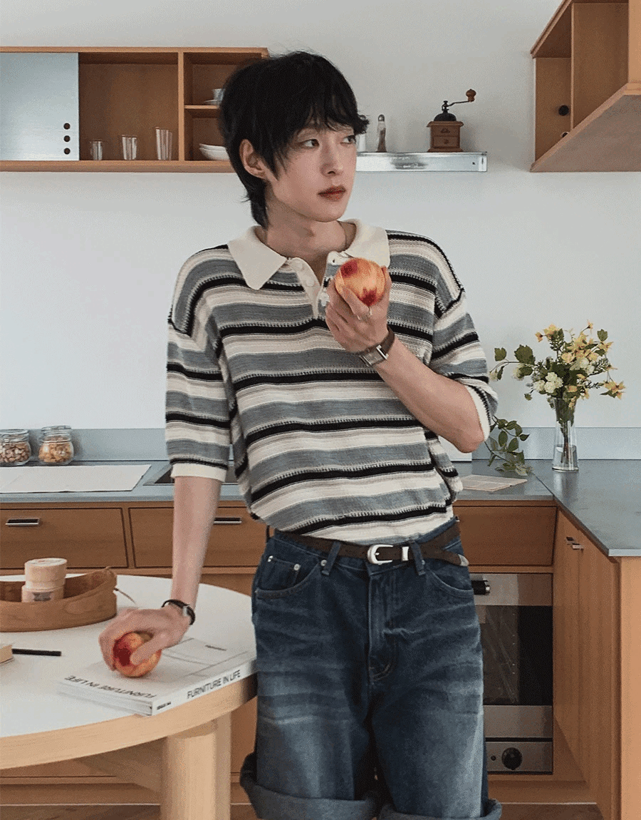 卡寧橫紋翻領針織衫