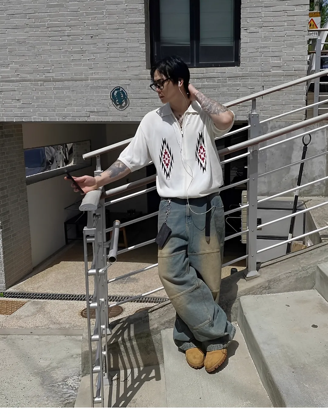 黃泥色 水洗 接骨 彎刀 闊腿 牛仔 長褲 彎刀褲