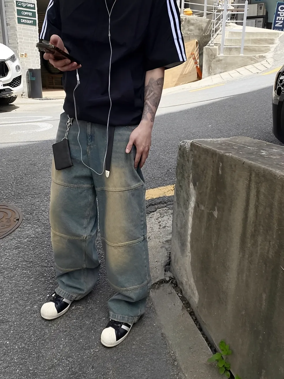 黃泥色 水洗 接骨 彎刀 闊腿 牛仔 長褲 彎刀褲