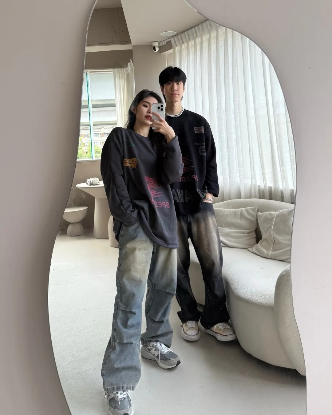 水洗做舊打褶長褲（褲腳有抽繩）