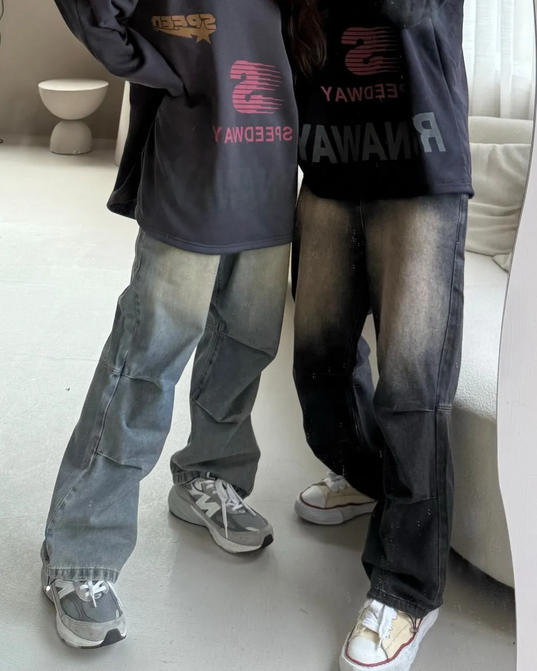 水洗做舊打褶長褲（褲腳有抽繩）