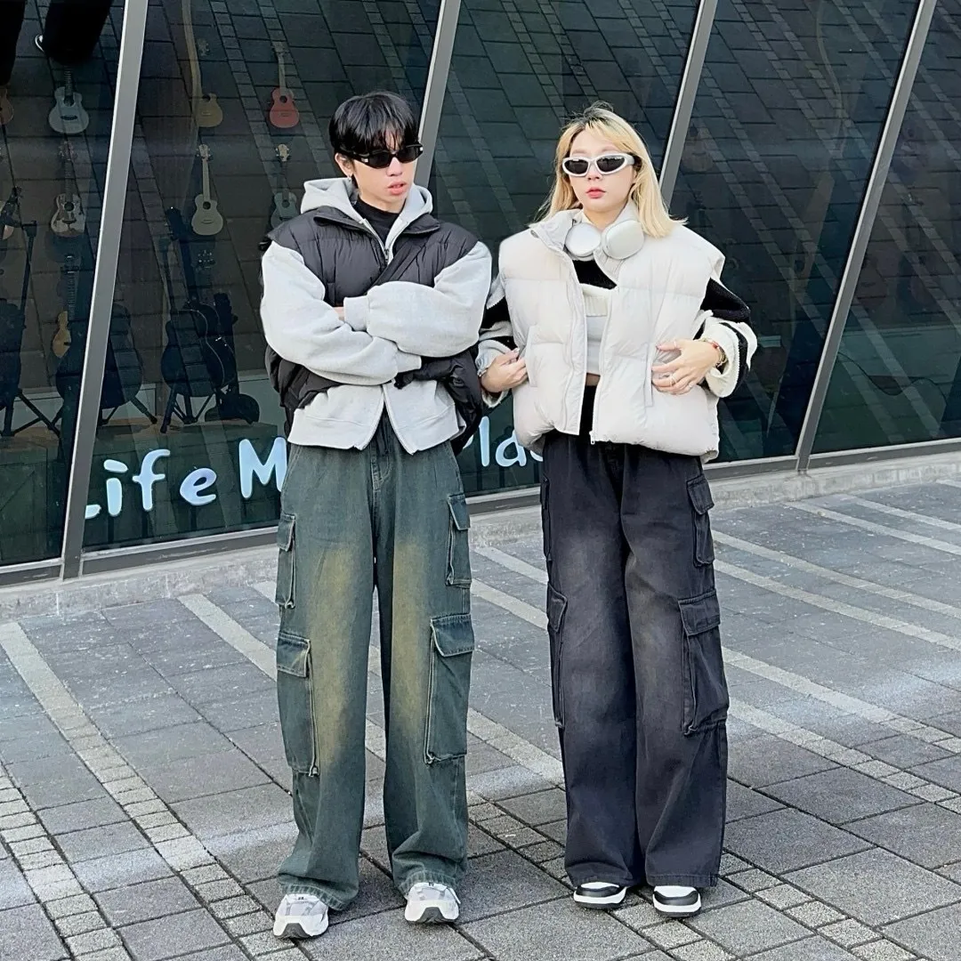 高磅數 仿舊 刷色 多口袋 工裝 牛仔 長褲