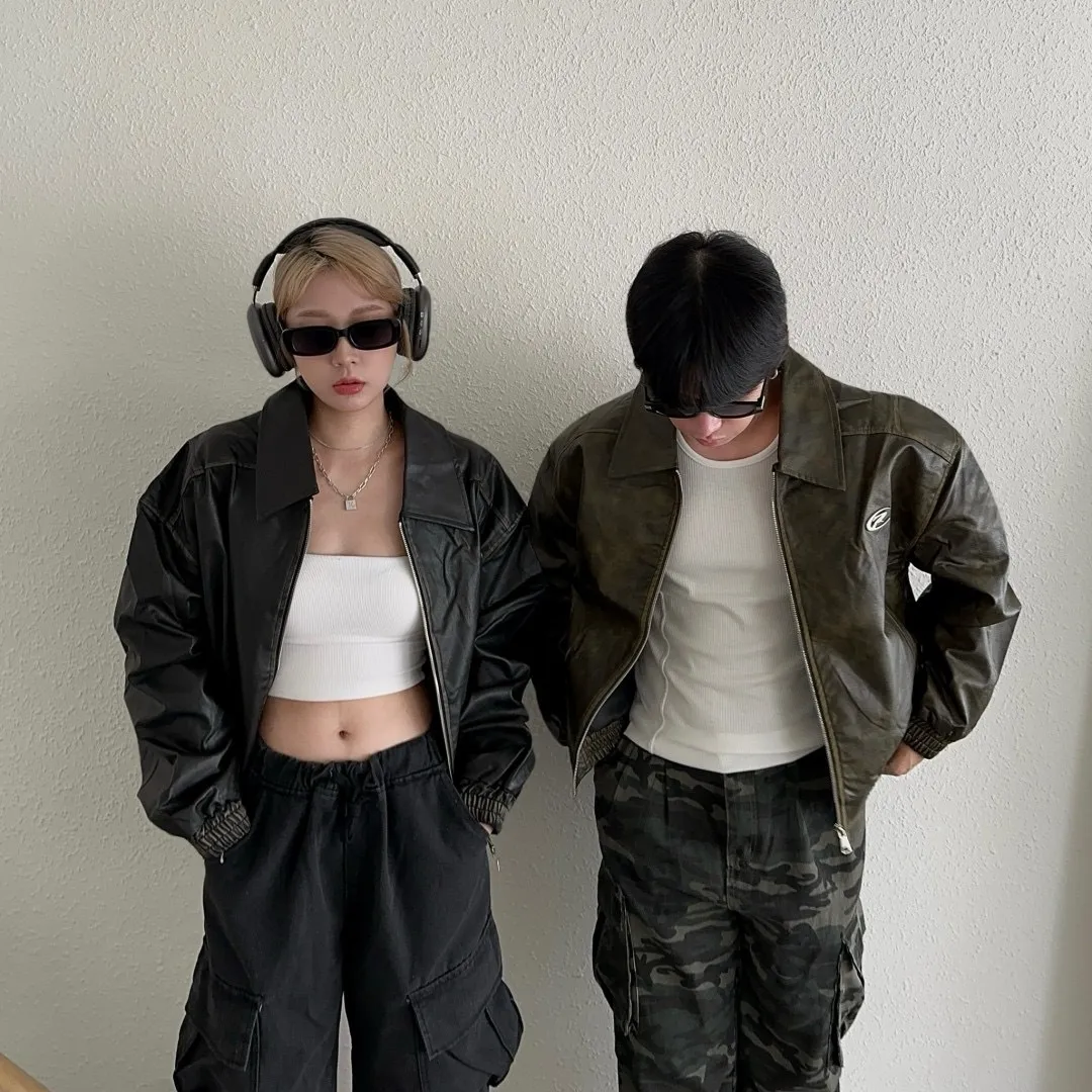 高質感 立體 鋼片 仿舊 紋理 寬短 皮外套